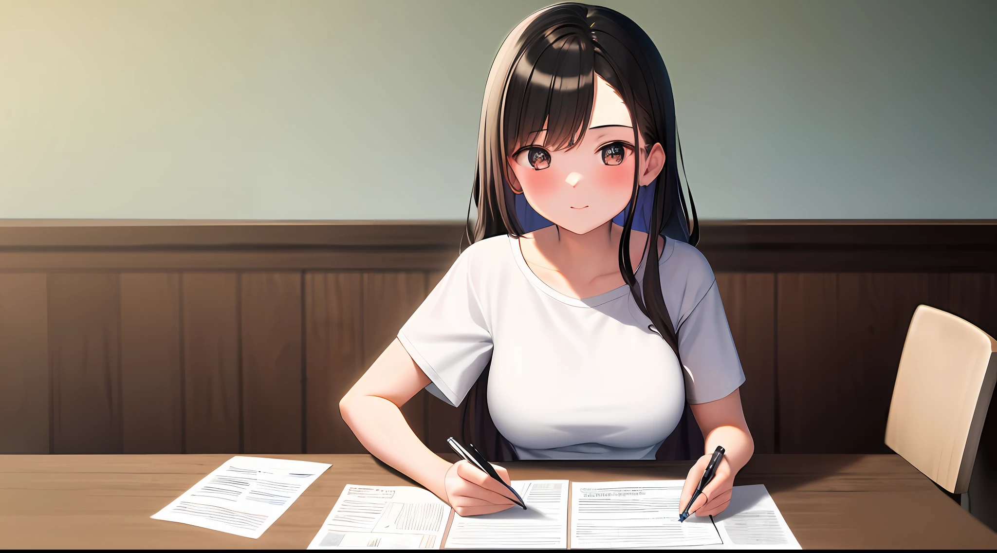 masterpiece, top quality, high resolution, one girl, loose t-shirt, girl sitting on chair and studying drafting at desk,, study seriously, study hard, drafting, beauty, cute, Japan idol, paperwork, architect,