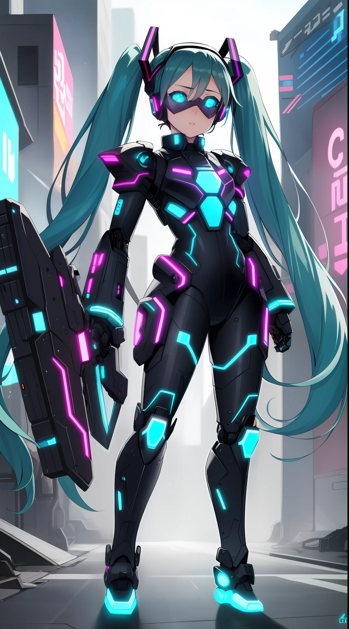 1girl, solo, (hatsune miku), aqua hair, aqua eyes, twintails, heavy cybernetic boots, heavy cybernetic gauntlets, heavy cybernetic leotard, (heavy cybernetic visor:1.1), cybernetic face mask, cybernetic armor plating, mechanical parts, determined, glowing neon, thrusters, armor cooling vents, android, science fiction, motorcycle, mobile suit, good_face:0.8