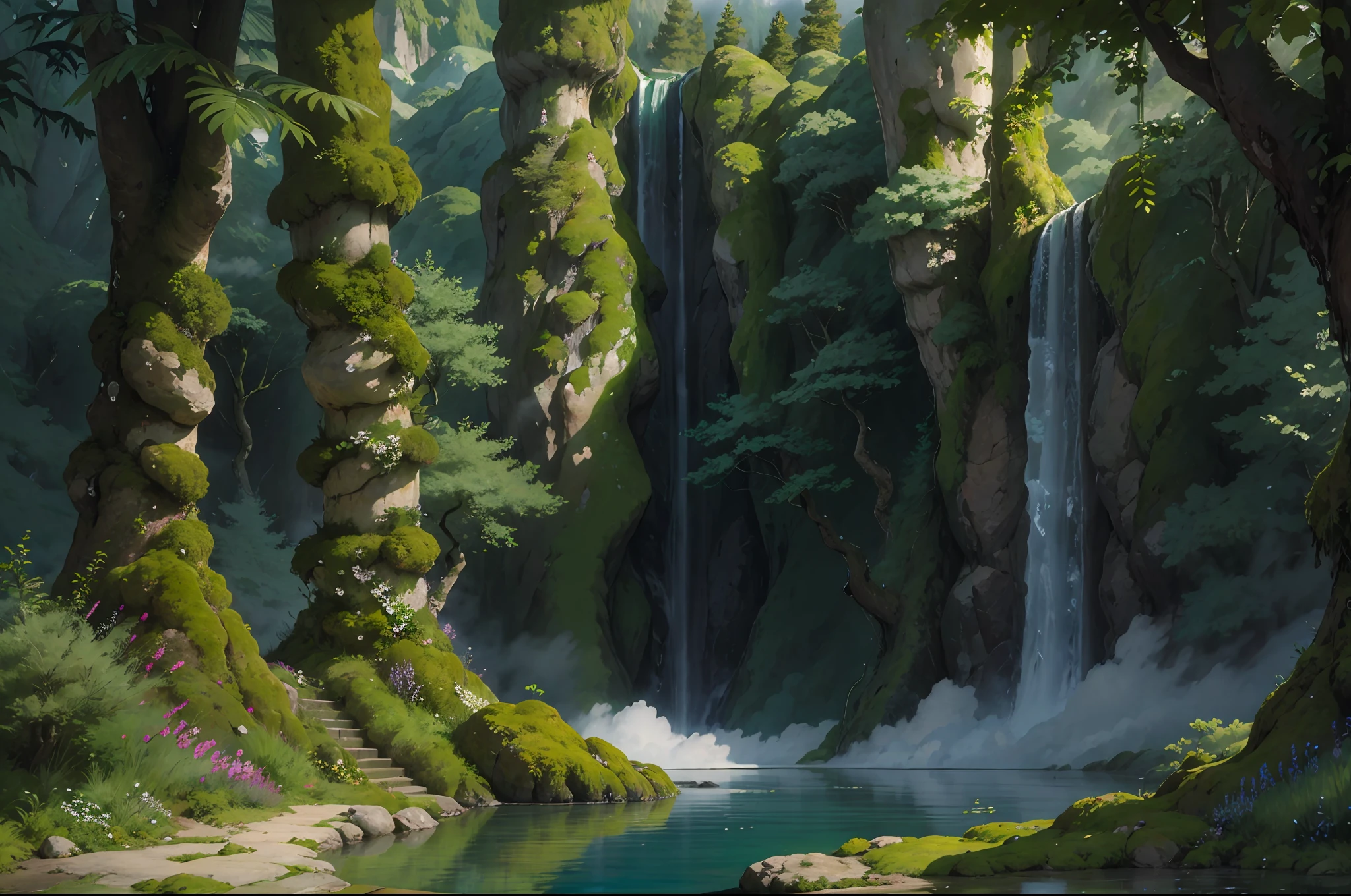 Masterpiece, best quality, 8K, high res, ultra-detailed, A scene of a waterfall cascading down a high cliff amongst lush greenery, adorned by vibrant flowers, towering pines, and delicate bamboo groves,no humans, sakura, beautiful view, ultra-detailed, fine detailed, highly detailed, intricate, highly detailed, ultra-detailed, scenery,no humans, lush green mountains, winding rivers, misty atmosphere, solitary, intricate details, delicate features, verdant trees, blooming flowers, druid's circle, soft moss, deep forest, intricate leaves and vines, wisps of light, still pool of water, pristine, verdant green, A picturesque scene of a waterfall cascading down a high cliff amongst lush greenery, adorned by vibrant flowers, towering pines, and delicate bamboo groves.