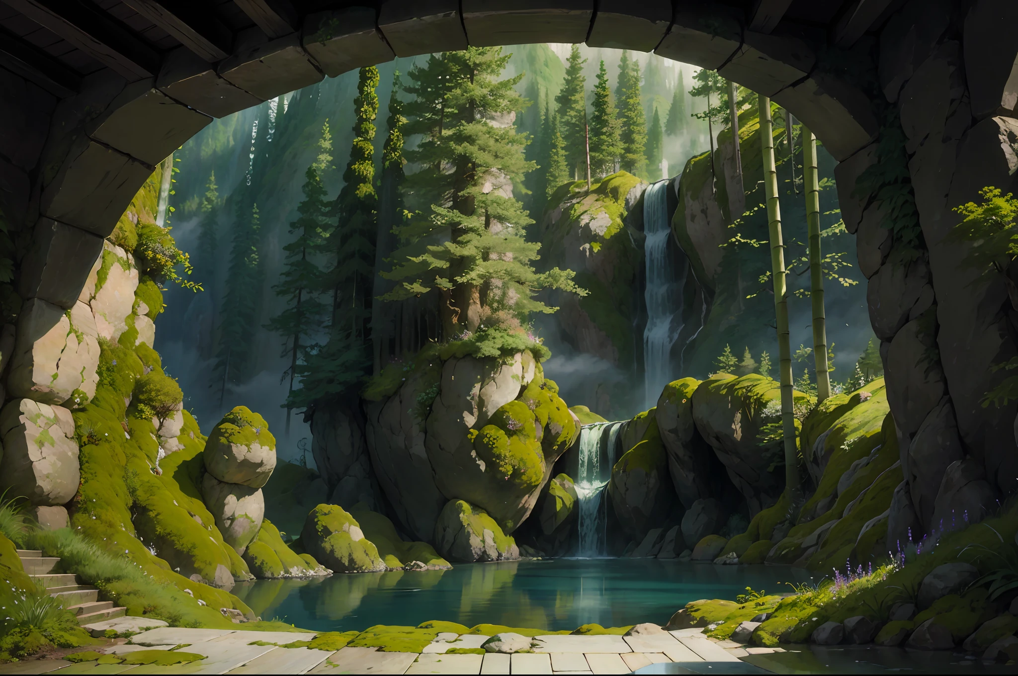 Masterpiece, best quality, 8K, high res, ultra-detailed, A scene of a waterfall cascading down a high cliff amongst lush greenery, adorned by vibrant flowers, towering pines, and delicate bamboo groves,no humans, sakura, beautiful view, ultra-detailed, fine detailed, highly detailed, intricate, highly detailed, ultra-detailed, scenery,no humans, lush green mountains, winding rivers, misty atmosphere, solitary, intricate details, delicate features, verdant trees, blooming flowers, druid's circle, soft moss, deep forest, intricate leaves and vines, wisps of light, still pool of water, pristine, verdant green, A picturesque scene of a waterfall cascading down a high cliff amongst lush greenery, adorned by vibrant flowers, towering pines, and delicate bamboo groves.