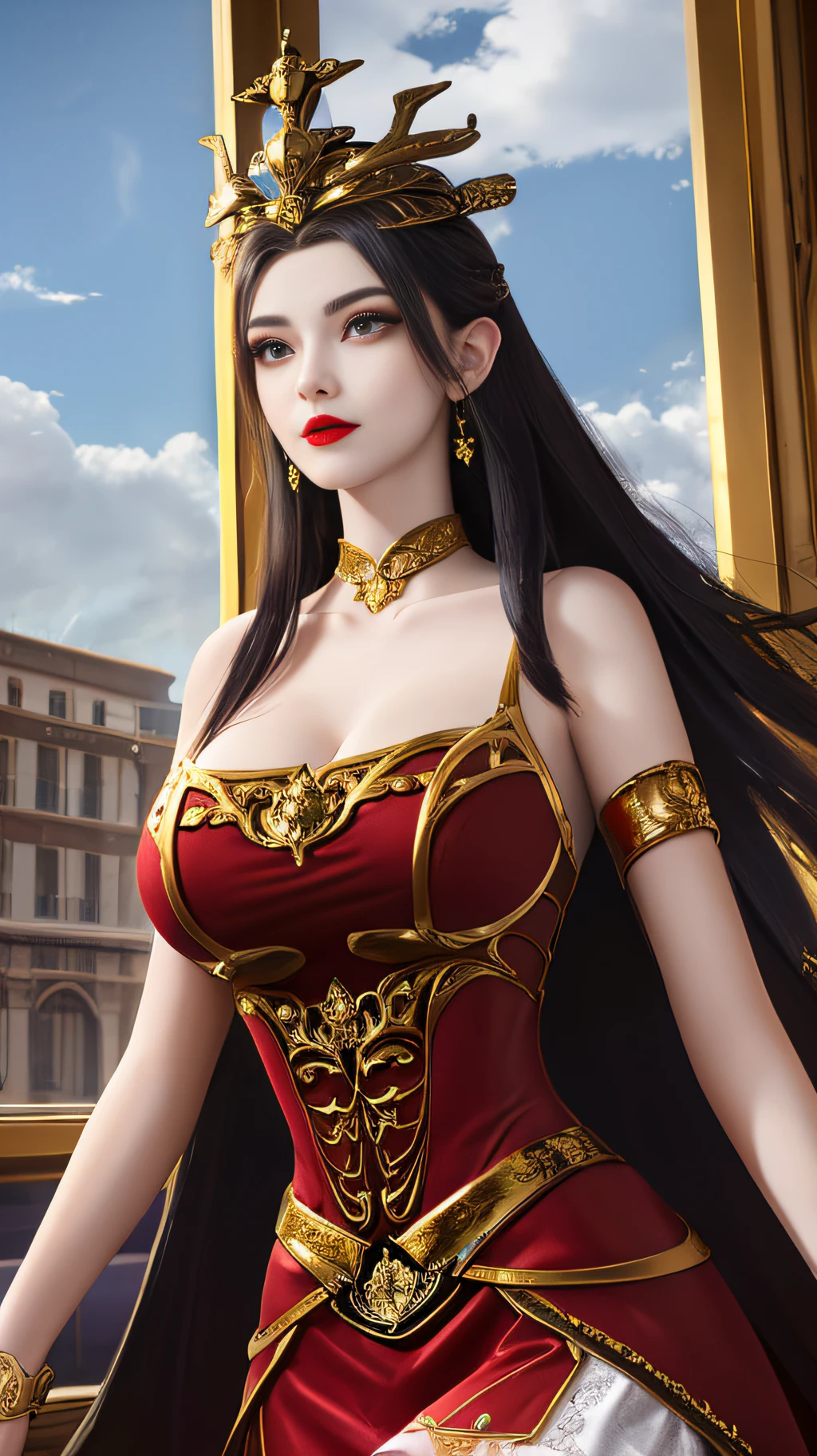 A beautiful queen, wearing a red antique dress with gold trim, beautiful face, long hair, a golden crown on her head, mysterious neck and hair jewelry, light red iris, round big eyes, thin and sharp eyebrows, every detail details of meticulous and sharp eyelashes, red lipstick petite lips, slender shoulders, (Big breasts: 1.2) Plump breasts, large, round and regular breasts, slender waist, RAW photos, detailed photos, highest quality photos, 8k queen, long legs, white stockings,