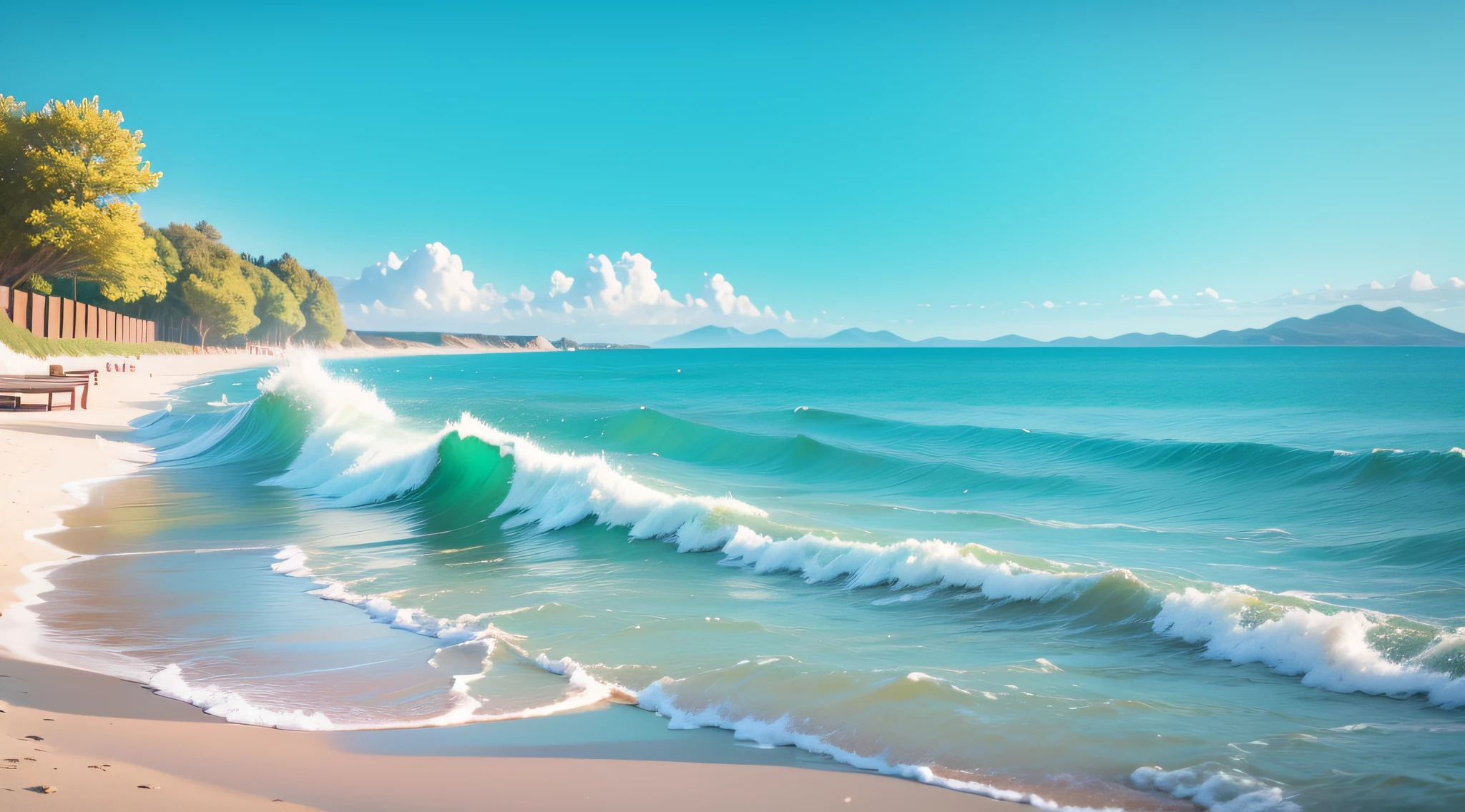 Summer seaside, beach, sunny weather, clear sky, sunny, colorful, happy summer vacation, simple picture, close-up, brilliant sunshine, distant waves, visual impact, 3D dreamWorks style