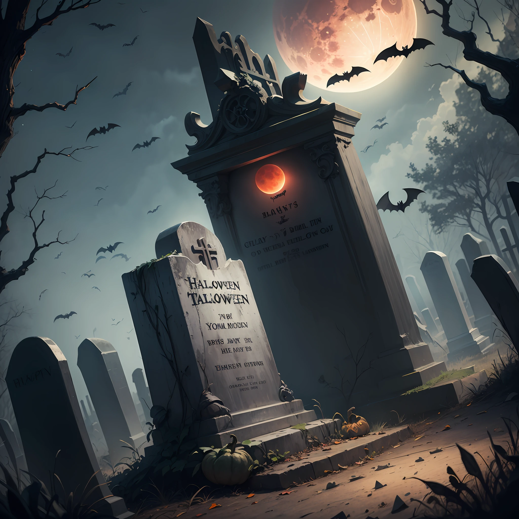 Halloween poster, graveyard, broken bones, bats, ray tracing, main tombstone, blood moon