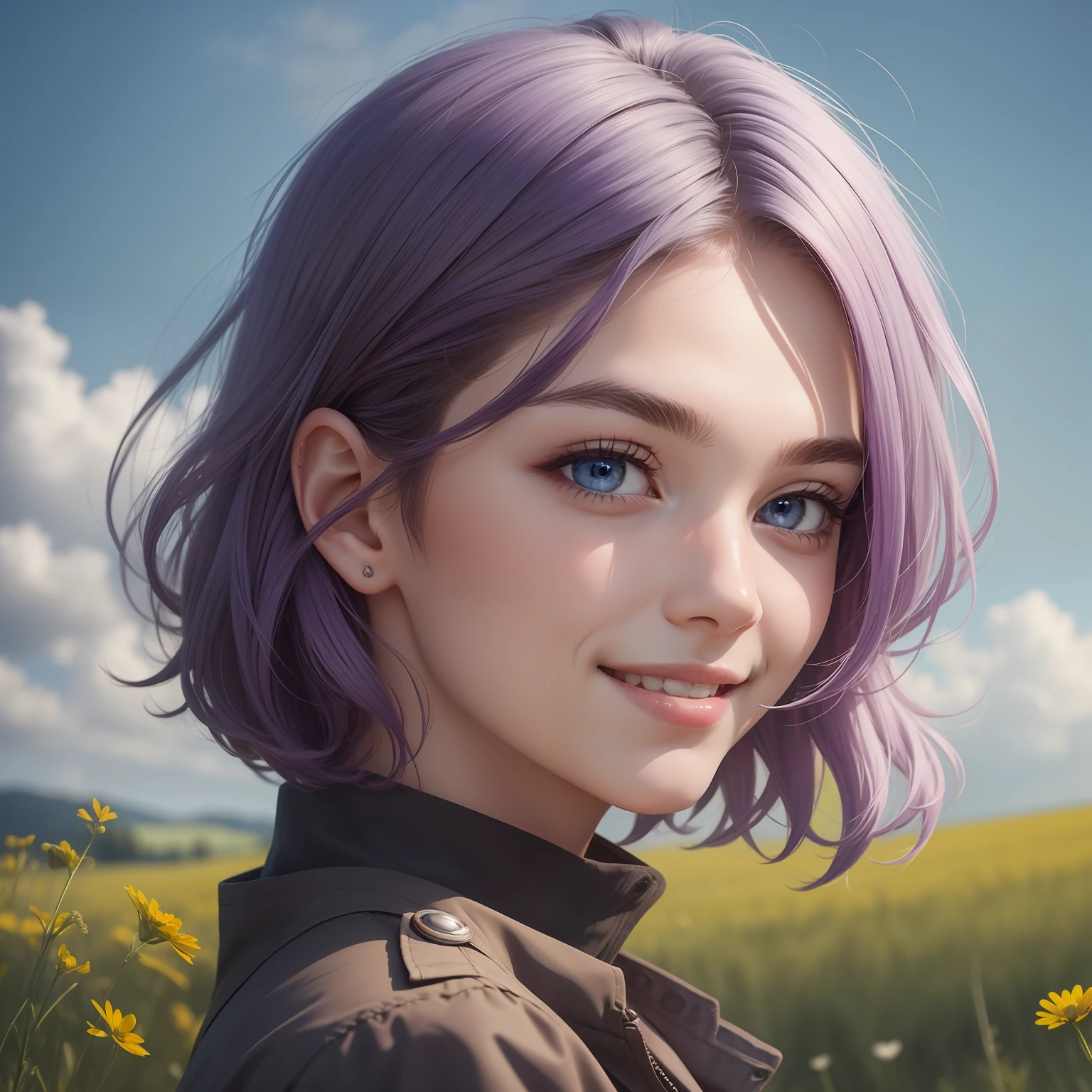 (Masterpiece) 8K resolution, top quality, gentle man, beautiful person, smile, thin long eyebrows, purple short hair, hair fluttering in the wind, ash blue eyes, meadow, model style,