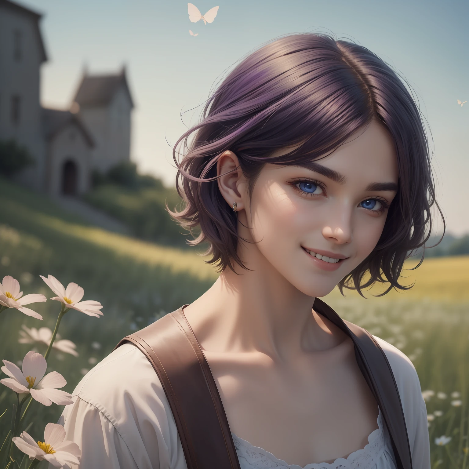 (Masterpiece) 8K resolution, top quality, gentle man, beautiful person, smile, thin long eyebrows, purple short hair, hair fluttering in the wind, ash blue eyes, meadow, model style,