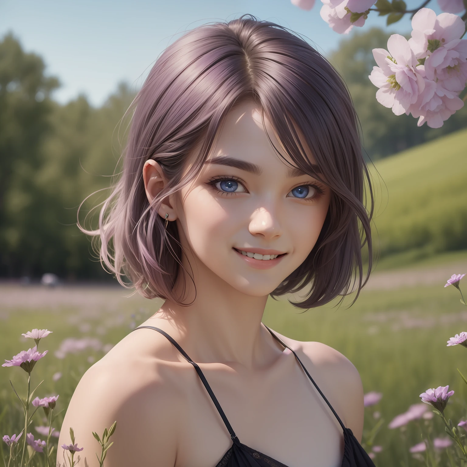 (Masterpiece) 8K resolution, top quality, gentle man, beautiful person, smile, thin long eyebrows, purple short hair, hair fluttering in the wind, ash blue eyes, meadow, model style,