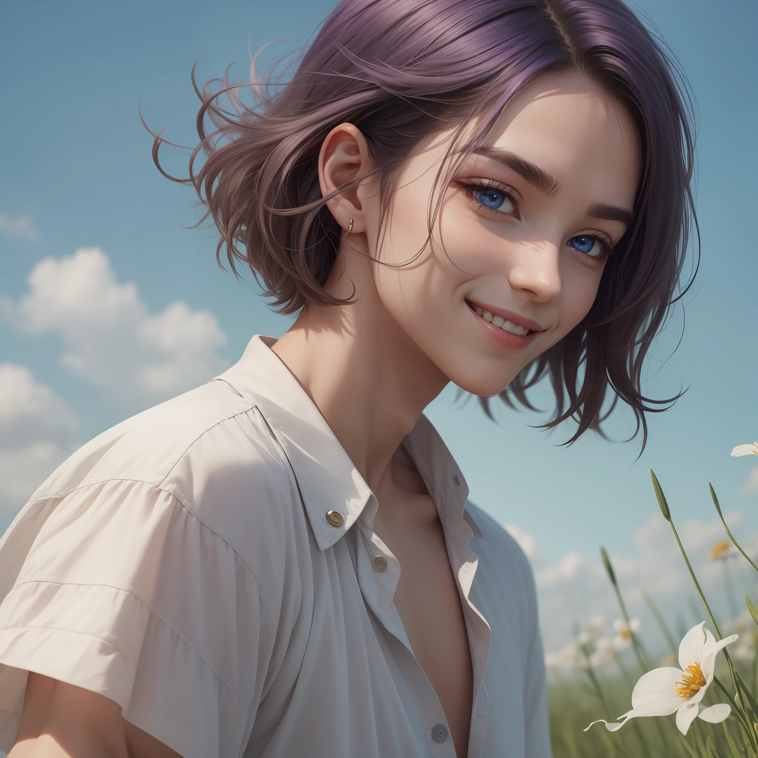 (Masterpiece) 8K resolution, top quality, gentle man, beautiful person, smile, thin long eyebrows, purple short hair, hair fluttering in the wind, ash blue eyes, meadow, model style,