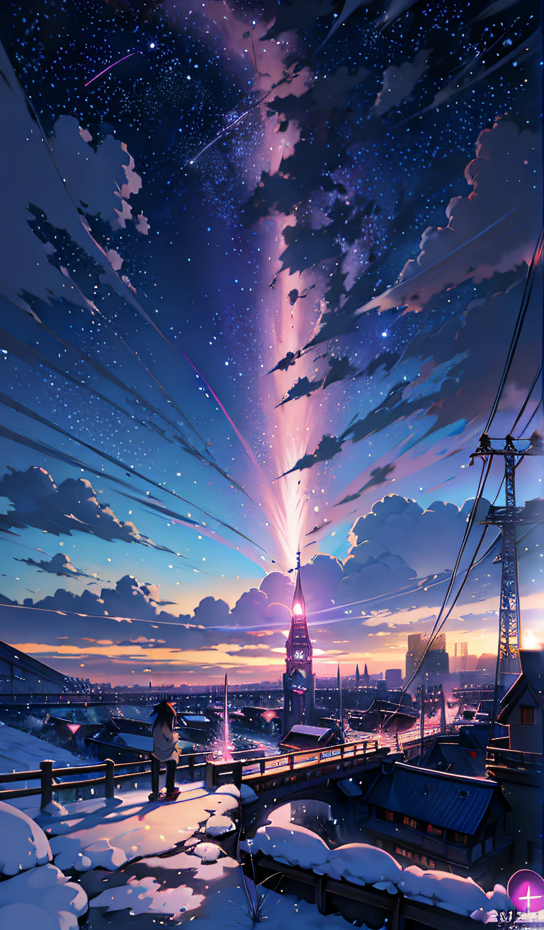 anime scenery of a city with a tower and a person walking on a snowy path, cosmic skies. by makoto shinkai, beautiful anime scene, makoto shinkai cyril rolando, anime background art, beautiful anime scenery, anime art wallpaper 4k, anime art wallpaper 4 k, 4k anime wallpaper, anime wallpaper 4 k, anime wallpaper 4k