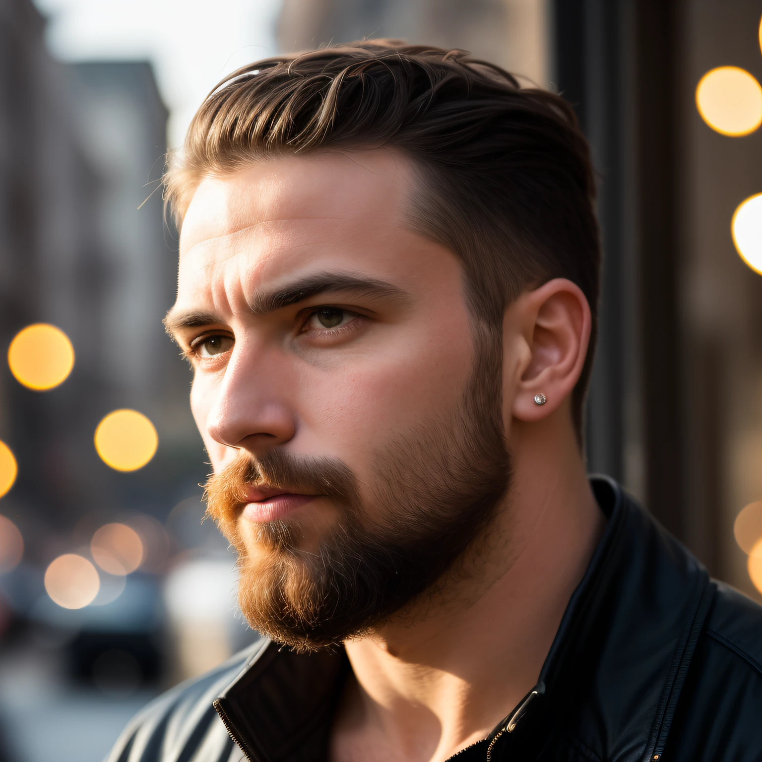 Portrait of a man seen from the side, bearded bald man wearing black jacket and looking at light, ((light bokeh)), intricate, (steel metal [rust]), sharp and elegant focus, photo by greg rutkowski, soft lighting, vibrant colors, (masterpiece), ( (streets)), (detailed face: 1.1), iris of the eye