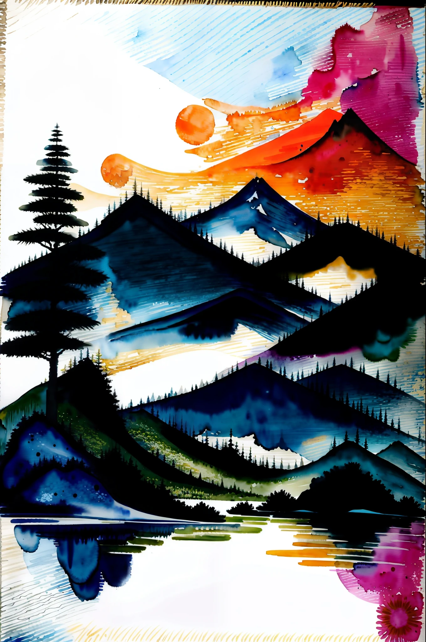 white background, scenery, watercolor, mountains, water, trees, colorful,ar 2:3