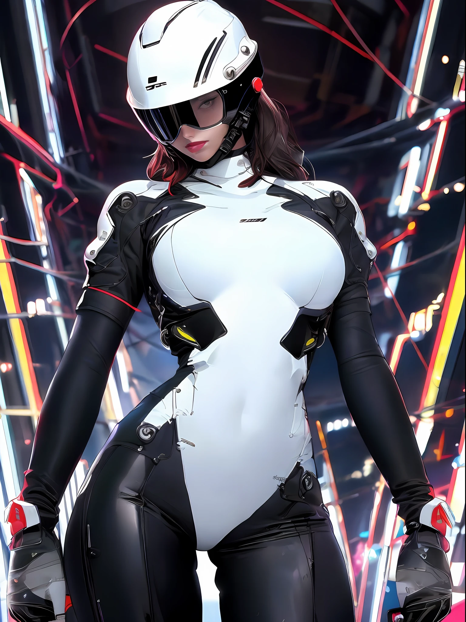 solo, Raw photo, realistic, masterpiece, best quality, high resolution, ultra detailed, official arts, 8K wallpaper, official wallpaper, 1girl, 1female, helmet, little clothing, tiny thong, short black and tight bodysuit, leather, (large breasts), neckline, thin waist, wide hips, night, moonlight, cybernetic motorcycle gloves, (unpacking clothes), innerboob, sensual pose, (a person in a cyberhelmet of the future), cyberhelmet, fantastic, cybernetic, reflections in dark glass and plastic, close up, lines of motion, buttom up top down, (curved), hyper detailed, neon lights, neon colors, cyberpunk, reflections, bright, sparks, detailed arms, detailed fingers, detailed bare legs, dark background, (tilted forward and down), seductive pose, sexy vision, fiber optic hair wires and electrical cables
