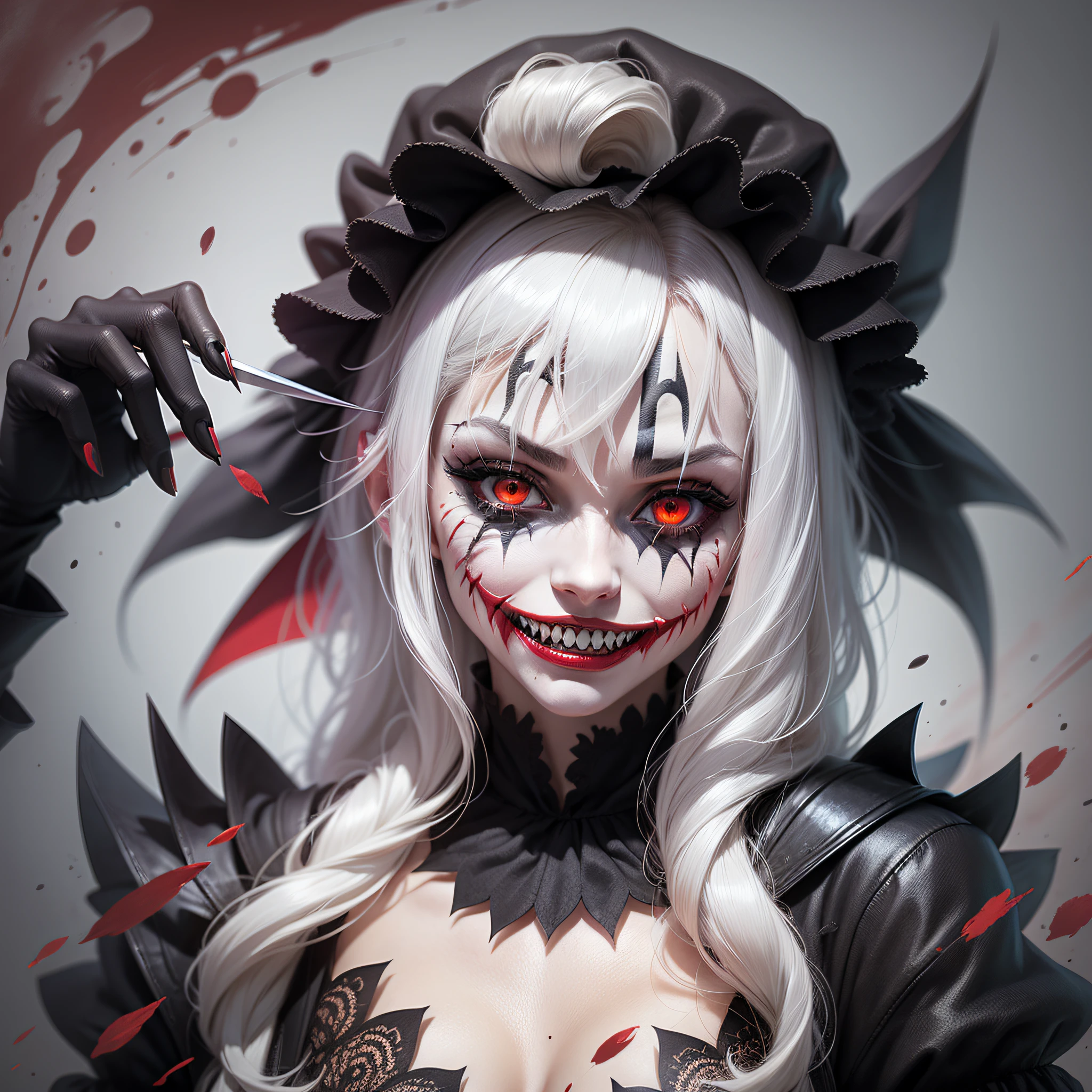 Dark joker woman, sorting sharp teeth, red eyes black clothing, white hair