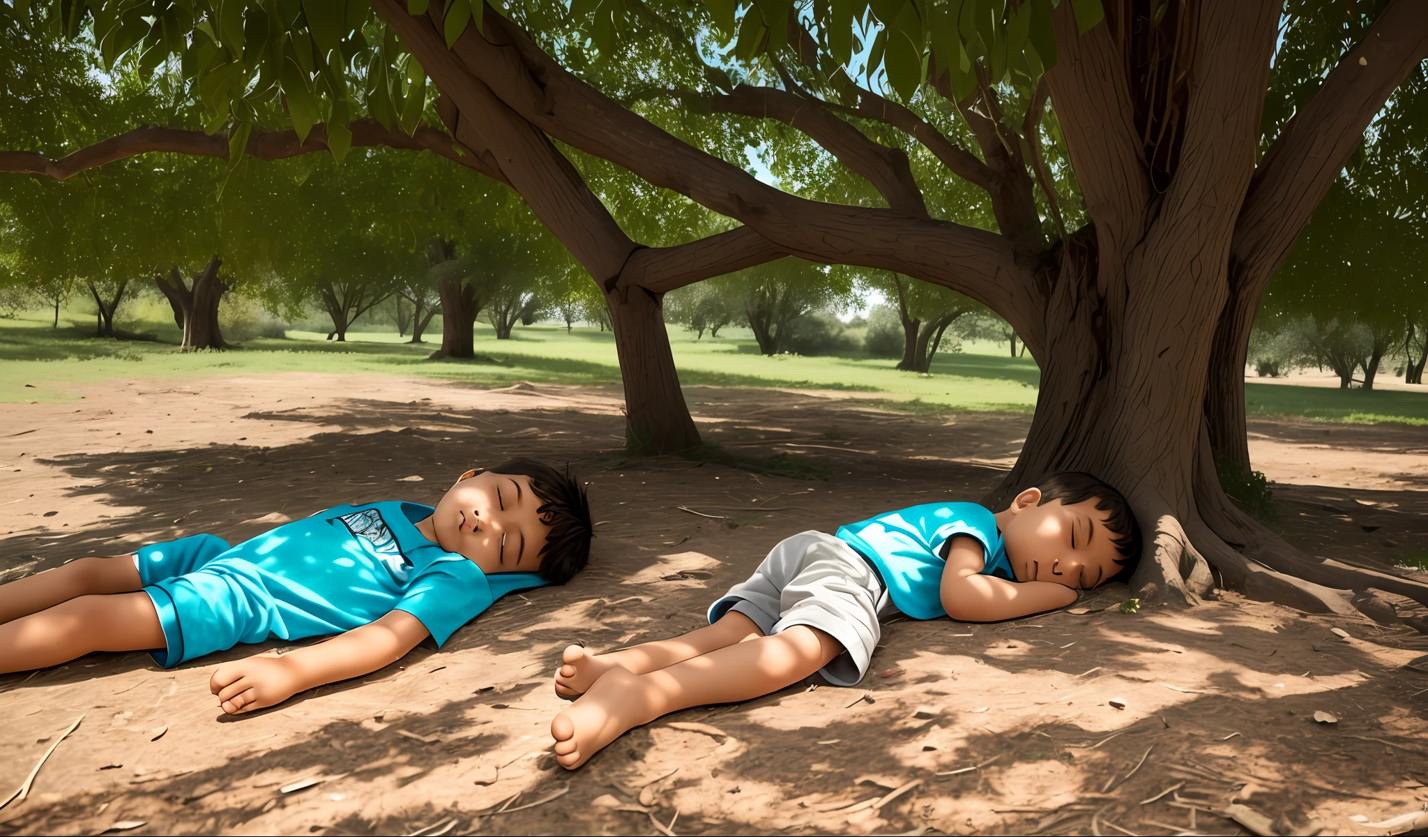 A  boy sleeping under the shade of a tree --auto