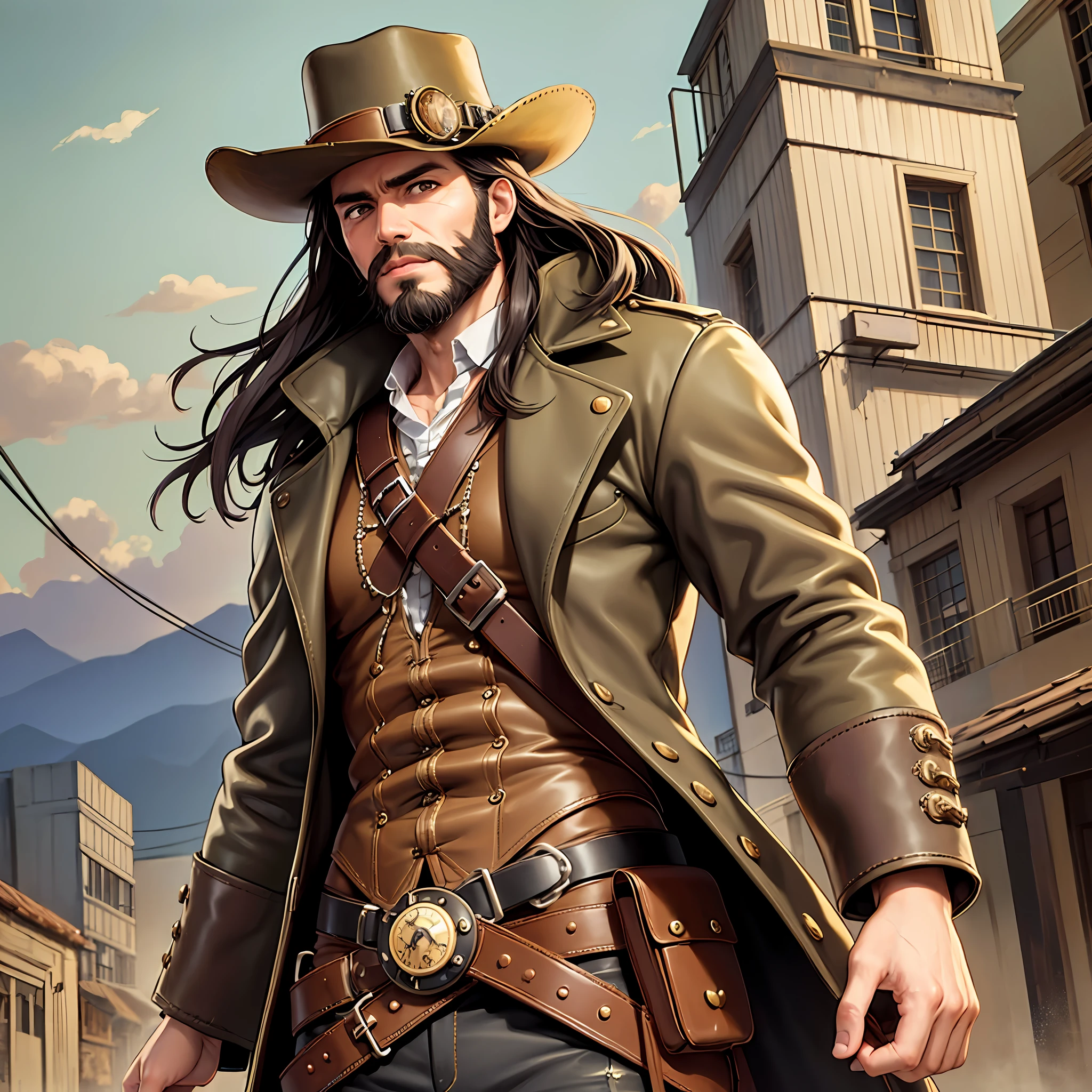Young Man Cowboy, Outside the Law, steampunk, wild west, hat, anime, (long dark hair), beard --auto --s2