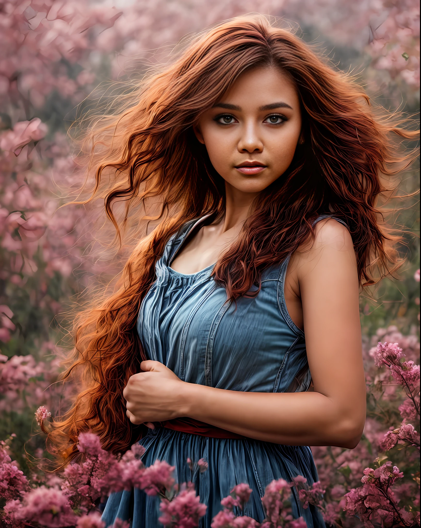 (best quality, masterpiece), young woman, pose, particle, wind, flower, upper body, simple background, looking at viewer, medium curly windblown red hair, green eyes, dark skin, galaxy, backlit, rimlight, beautiful artwork, perfect composition, raudha athif