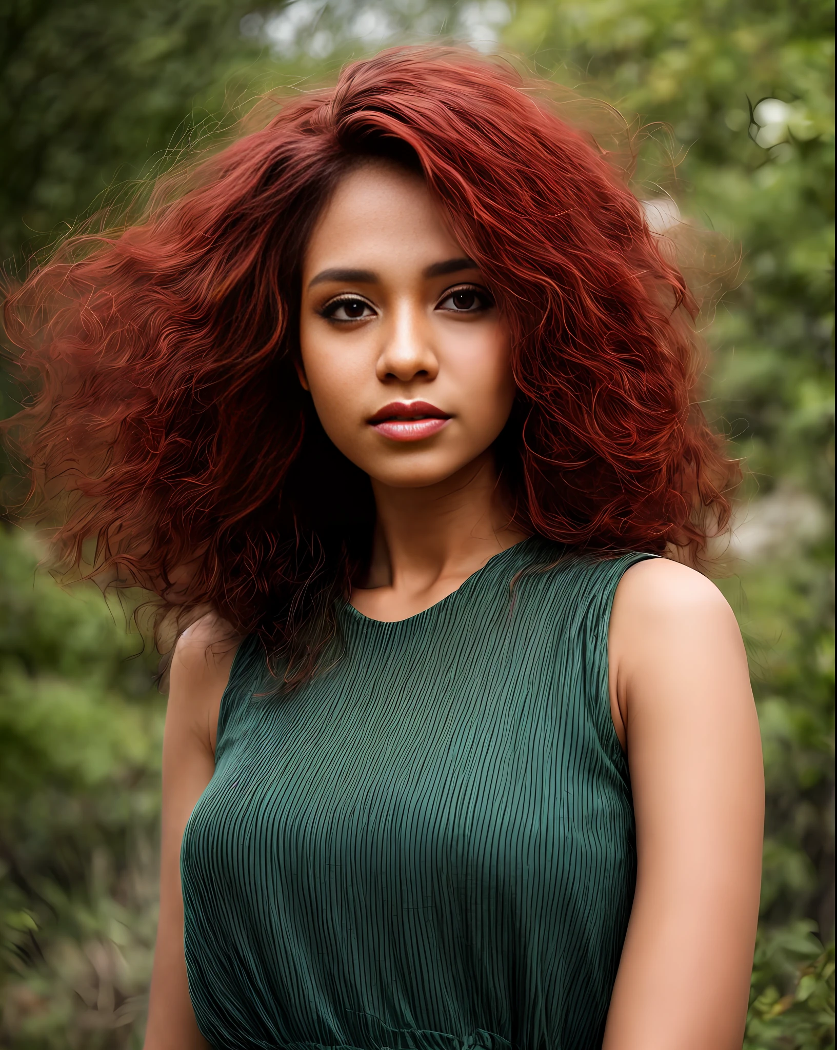 (best quality, masterpiece), young woman, pose, particle, wind, flower, upper body, simple background, looking at viewer, medium curly windblown red hair, green eyes, dark skin, galaxy, backlit, rimlight, beautiful artwork, perfect composition, raudha athif
