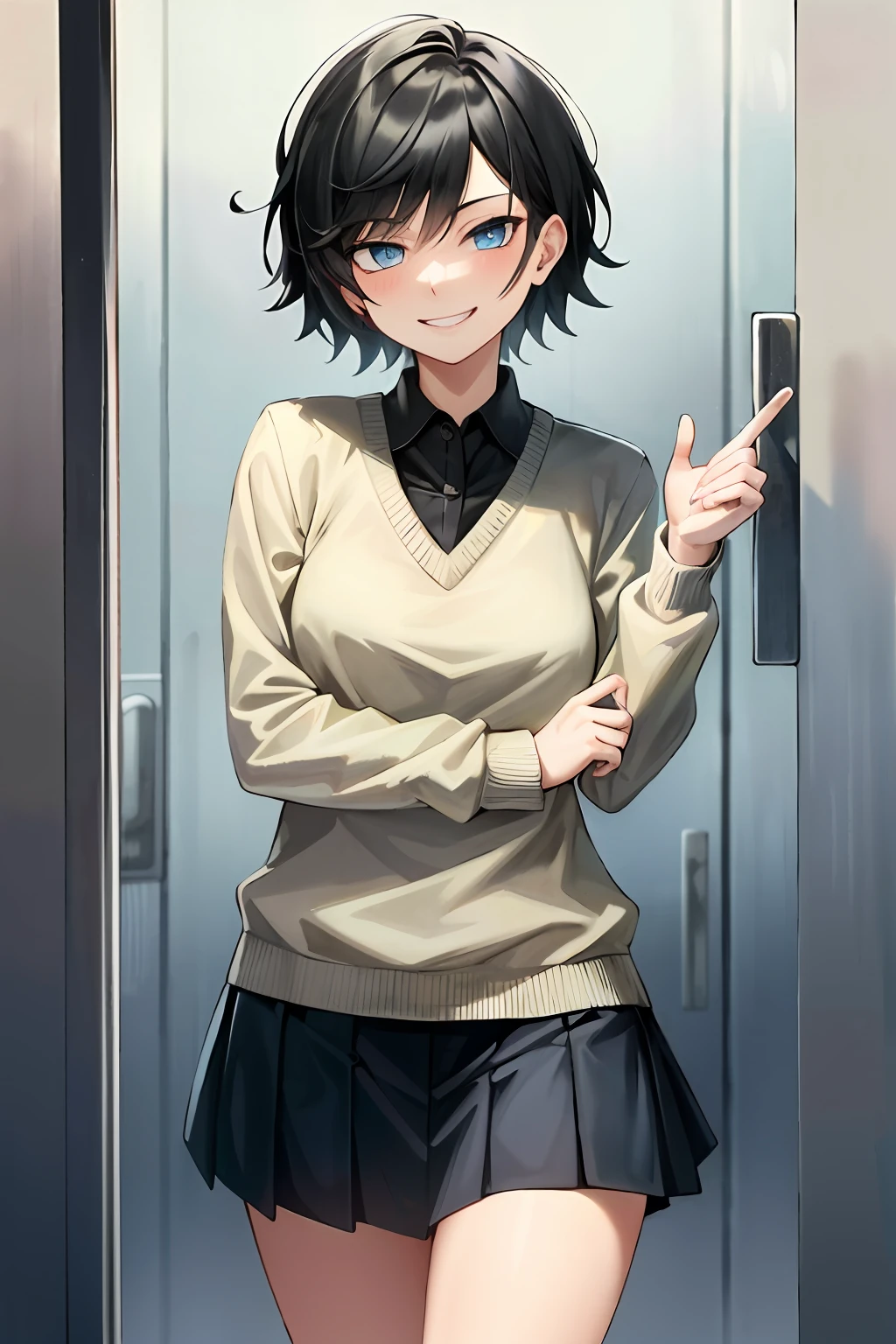 Masterpiece, Top Quality, High Resolution, Masterpiece, Adult Woman, Single, Light Blue Best Sweater, Pleated Mini Skirt, Black Miniskirt, Short Hair, Evil Smile, Black Hair, Bad Smile, Evil Plan, School Uniform, Uniform, Blue Eyes, Jail, Jail