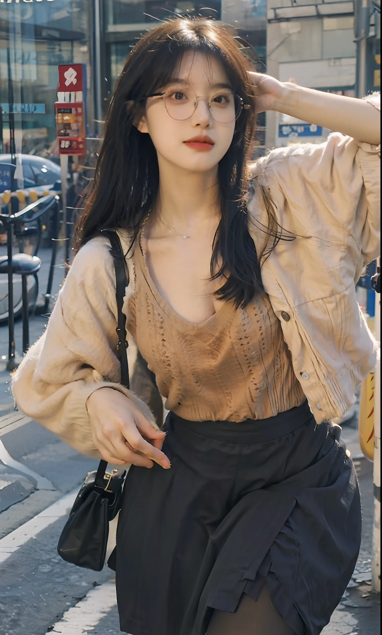 ulzzang-6500-v1.1, (raw photo:1.2), (photorealistic:1.4), beautiful detailed girl, very detailed eyes and face, beautiful detailed eyes, ridiculous, incredibly ridiculous, huge file size, super detailed, high resolution, very detailed, best quality, masterpiece, ((fashion clothing with diverse colors)), illustration, very detailed, CG, unified, 8k wallpaper, amazing, fine detail, masterpiece ,best quality, very detailed CG uniform 8k wallpaper, light on face, movie lighting, 1girl, 16 years old, long white hair, side splits, (big breasts), (no panties)), (glasses), ((dynamic pose))), ((sexy pose))), (camel toe), (half), (pantyhose)), ((black hip skirt))