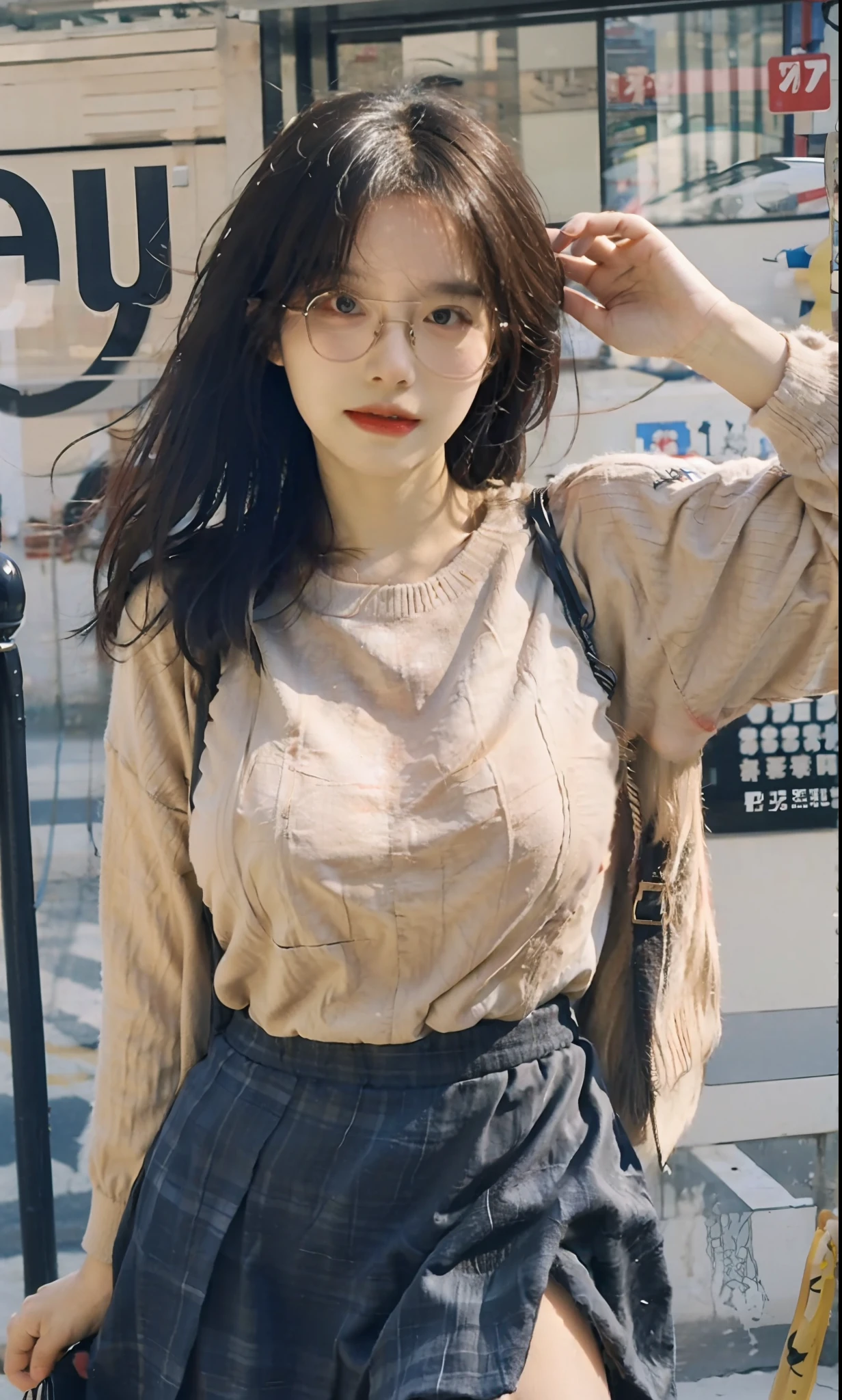ulzzang-6500-v1.1, (raw photo:1.2), (photorealistic:1.4), beautiful detailed girl, very detailed eyes and face, beautiful detailed eyes, ridiculous, incredibly ridiculous, huge file size, super detailed, high resolution, very detailed, best quality, masterpiece, ((fashion clothing with diverse colors)), illustration, very detailed, CG, unified, 8k wallpaper, amazing, fine detail, masterpiece ,best quality, very detailed CG uniform 8k wallpaper, light on face, movie lighting, 1girl, , long white hair, side splits, (big breasts), (no panties)), (glasses), ((dynamic pose))), ((sexy pose))), (camel toe), (half), (pantyhose)), ((black hip skirt))