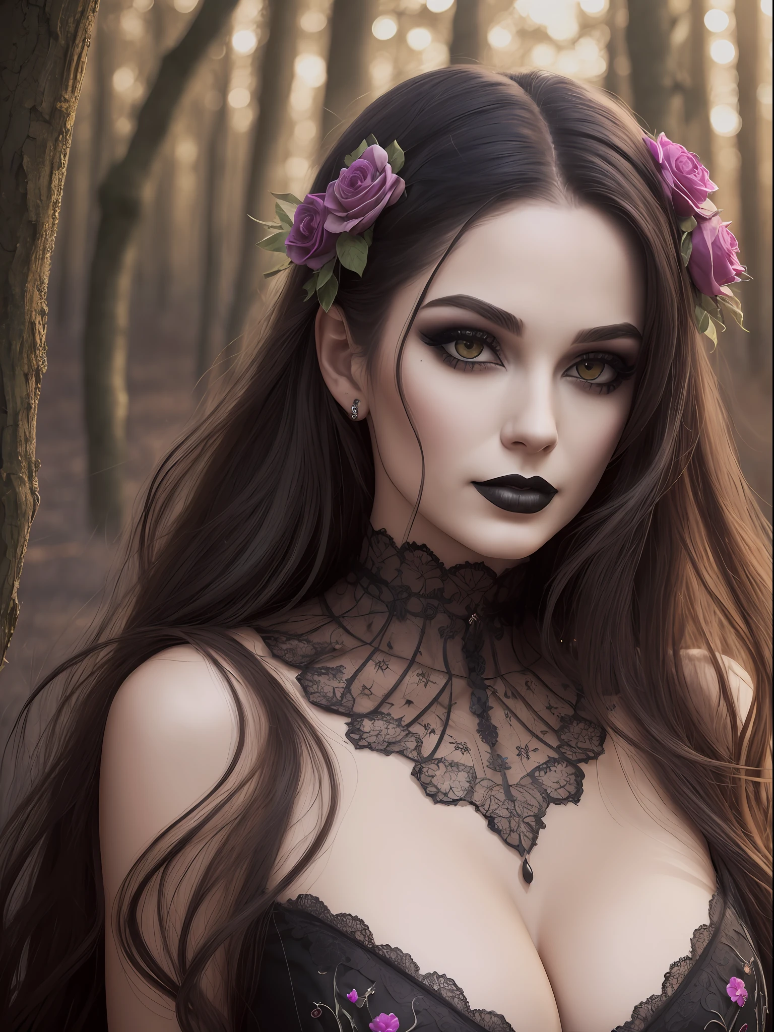 realistic, a photo of a beautiful gothic horror woman in a black lake, beautiful woman, cheerful face, hair ornament, unsettling horror, professional, (Extremely detailed: 1.2), glow effects, goddesses, intricate details, sharp focus, dramatic, photorealistic, tribal village, wooden village, burning forest background, sharp contrast, many colors, large breasts, neckline, princos and cord,  Lipstick and Gothic makeup, Langerie with lace