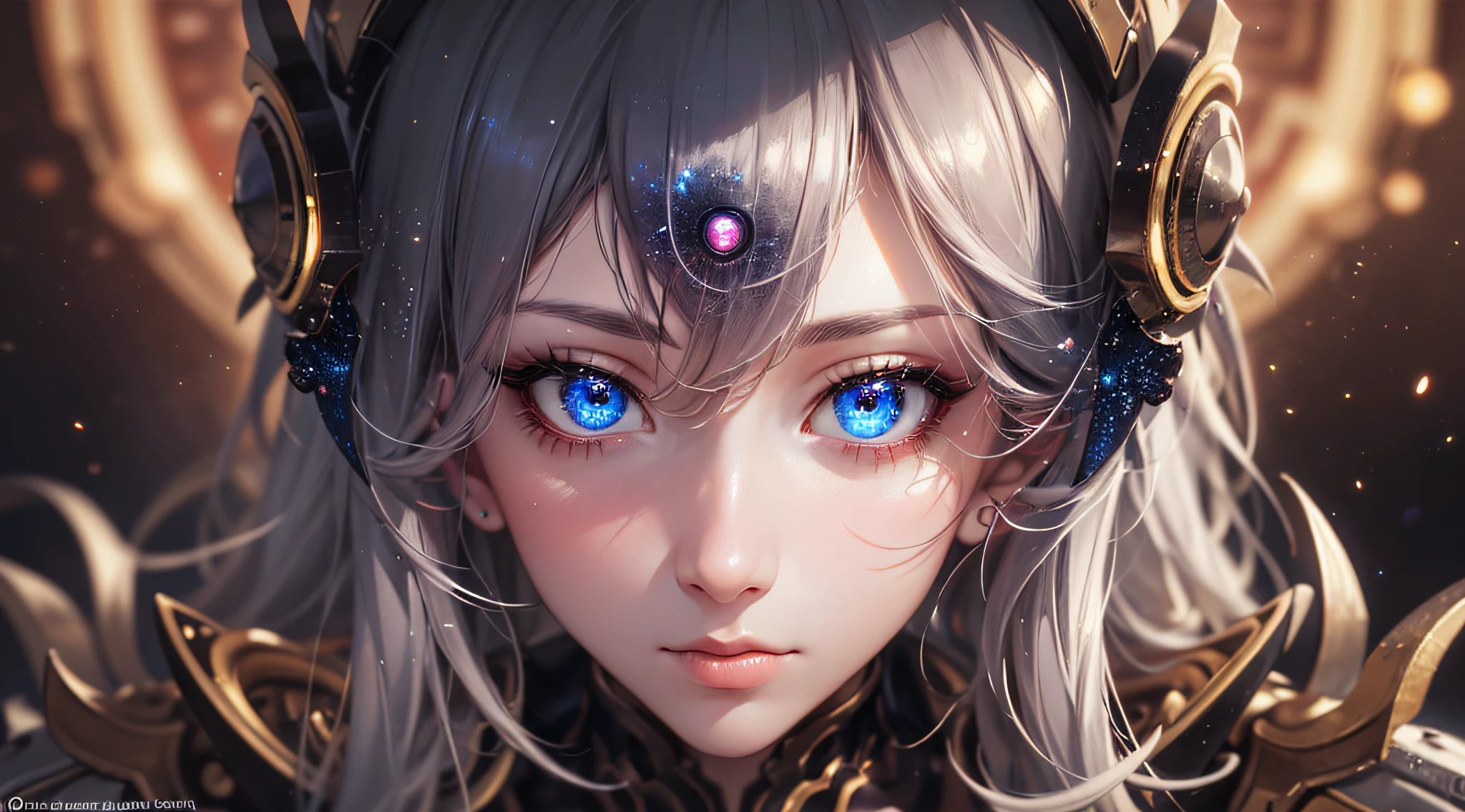 a humanoid girl, detailed skin, lots of details, eyes of the color of the galaxy nebuloza, eye focus, ultra detailed, grandeur, masterpiece, best quality, HDR, perfect shadows, perfect lighting