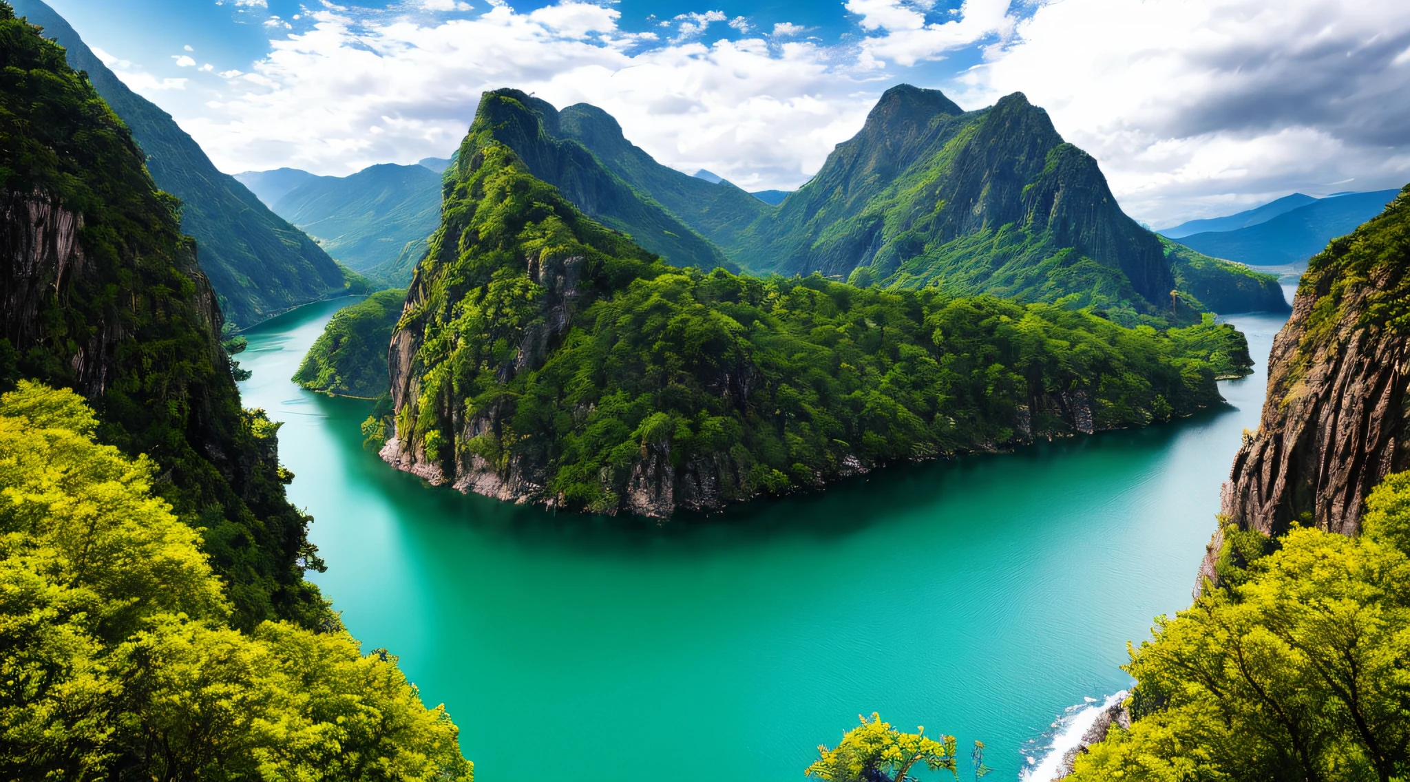 Masterpiece, ultimate quality, Cg unity 8k wallpaper, super delicate, beautiful sky and clouds, rich natural scenery, cliffs, lakes and rivers, waterfalls and flying water, beautiful green mountains, no trace of people, excellent scenery, has already won a photo contest, background Blurring, full depth of field, HDR high dynamics, true restoration, intricate, extreme details, dramatic presentation, perfectly presenting the style of midjourney art.