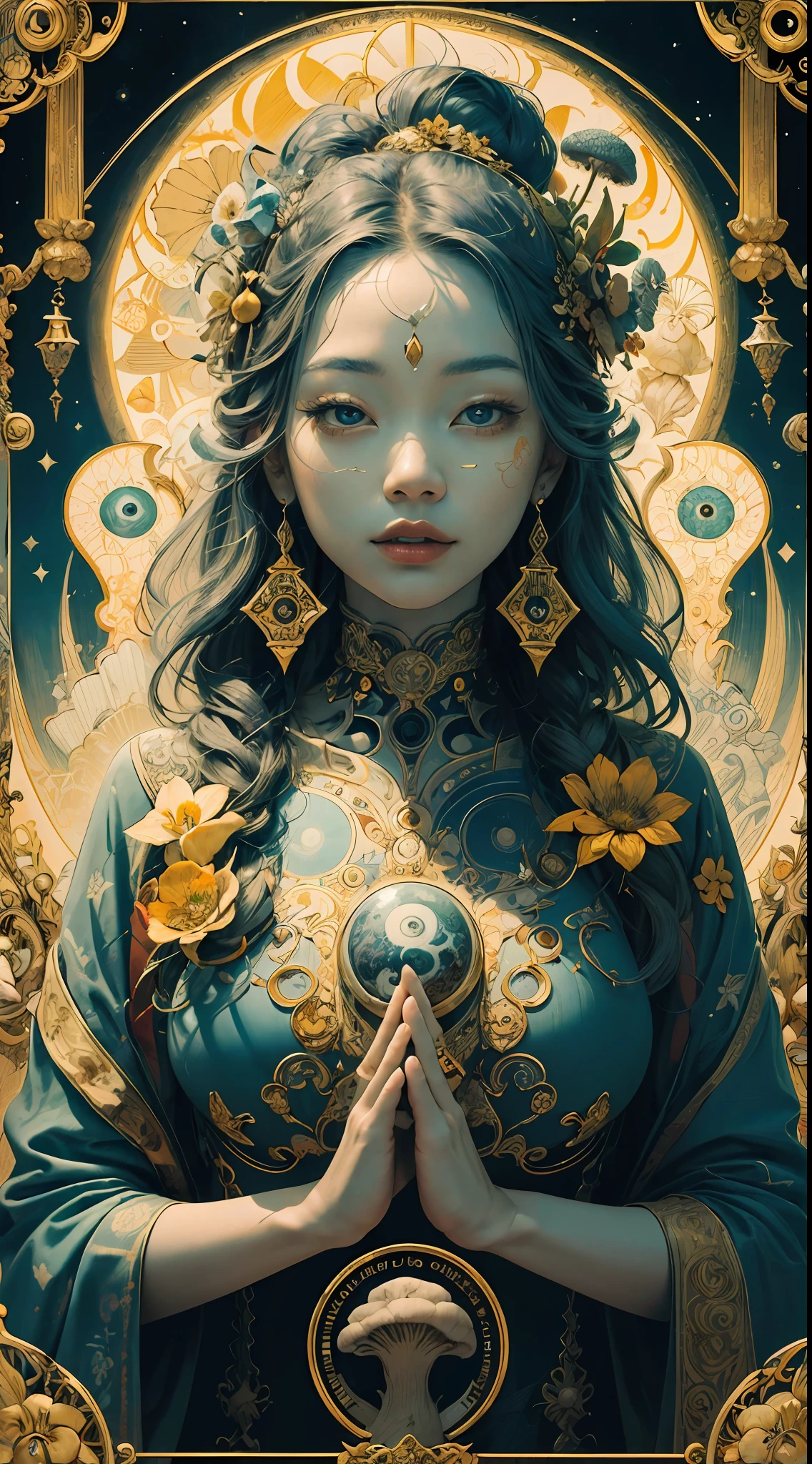 (Masterpiece, Best Quality, Highres:1.4), Detailed, Intricate Details, 4K,
color splashes, line art, fibonacci, Asian girl, mushroom,flowers ,magical,yin yang,psychedelic details art, beautiful charming face, seductive breast,dmt details art,(normal hands),(looK at view),trippy details art, tarot card style, show full objects