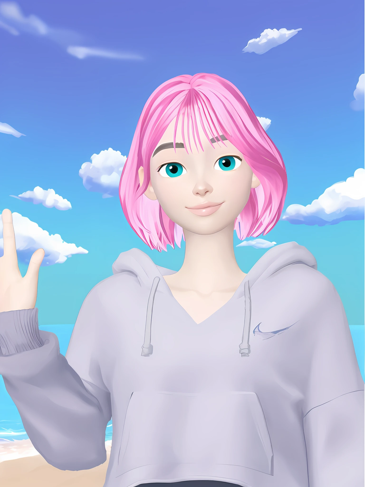 Cartoon girl with pink hair standing on the beach, gray hoodie