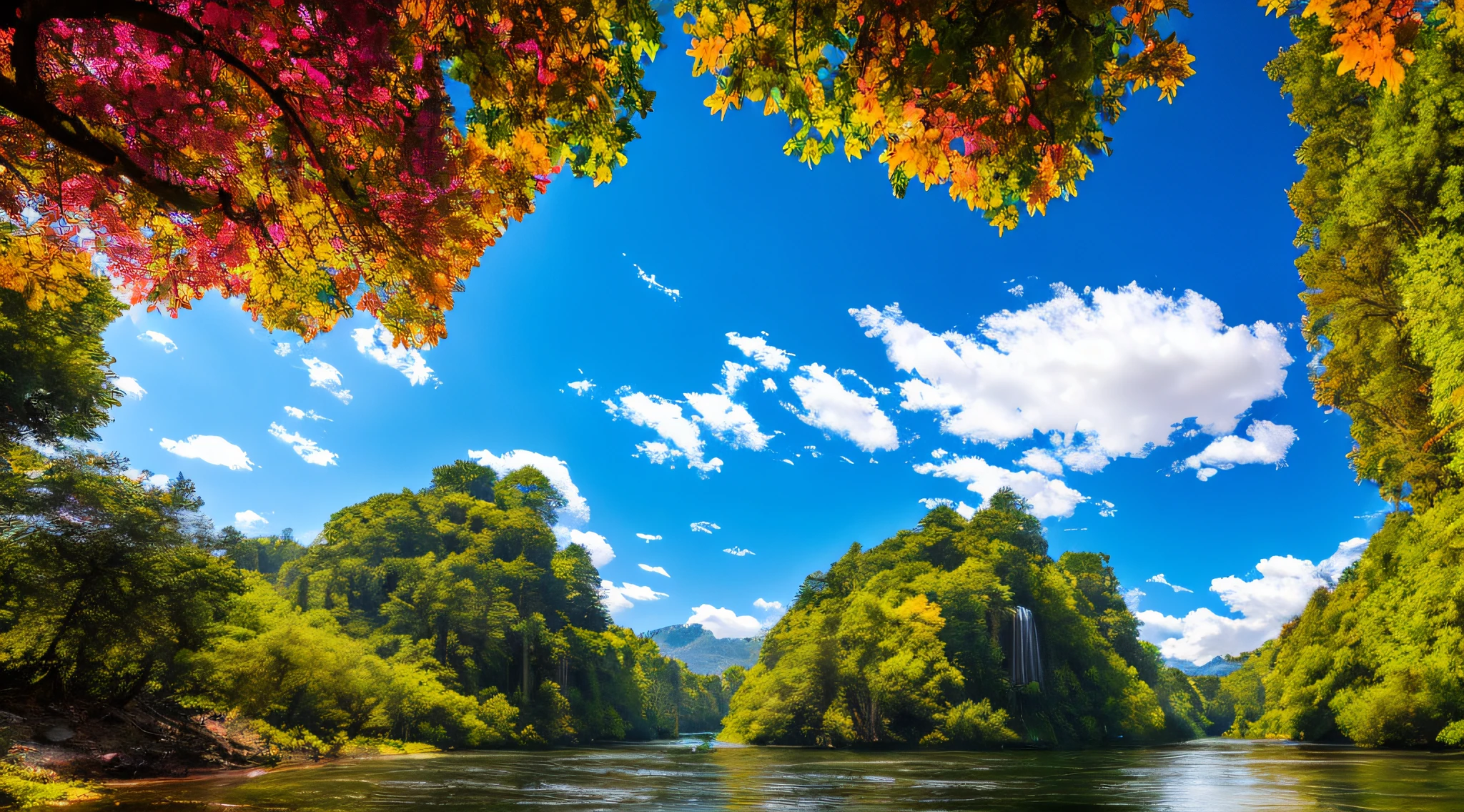 Masterpiece, ultimate quality, Cg unity 8k wallpaper, super delicate, beautiful sky and clouds, rich natural scenery, cliffs, lakes and rivers, waterfalls and flying water, beautiful green mountains, no trace of people, excellent scenery, has already won a photo contest, background Blurring, full depth of field, HDR high dynamics, true restoration, intricate, extreme details, dramatic presentation, perfectly presenting the style of midjourney art.