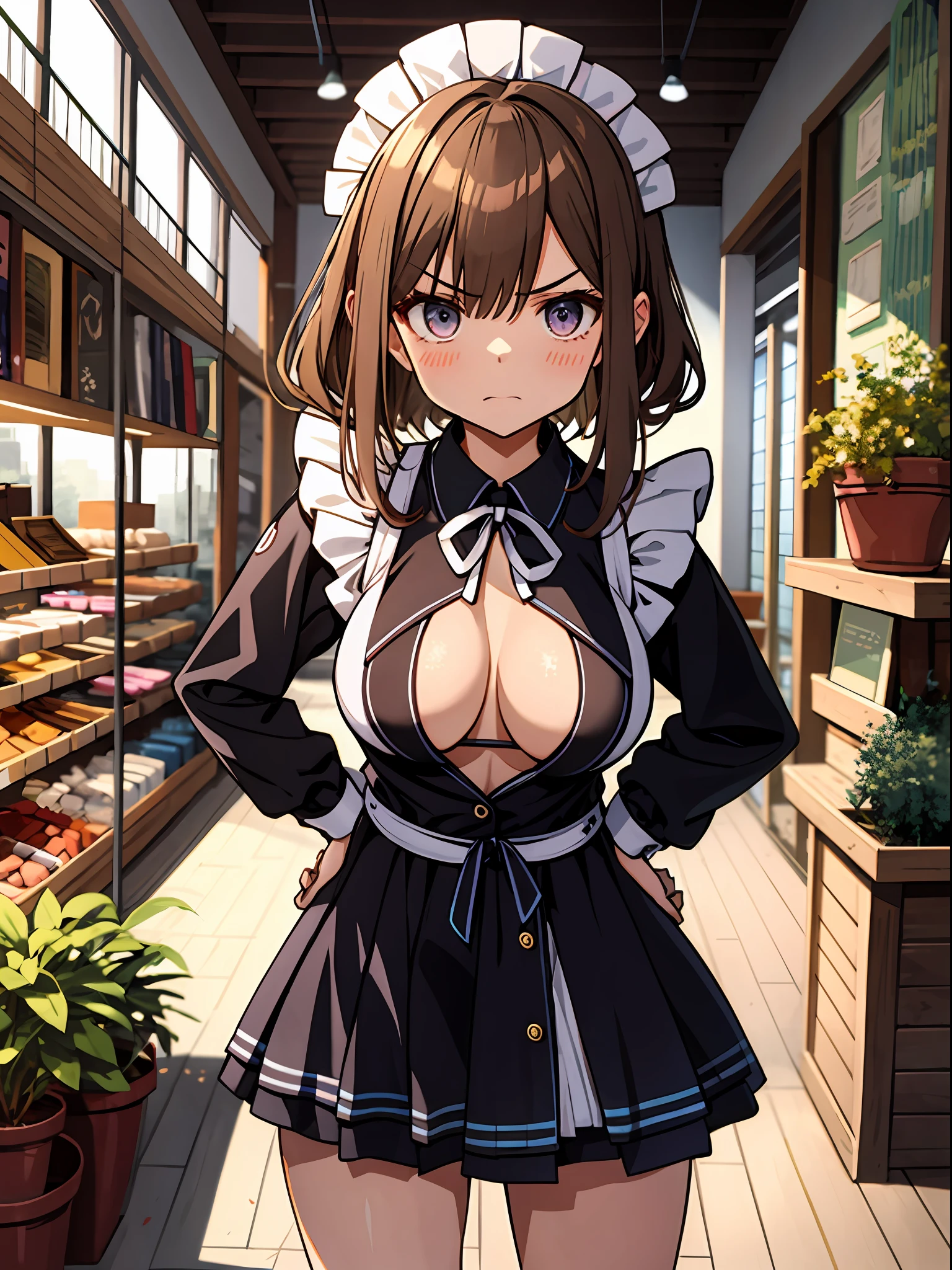 (slightly angry) expression, (fantasy store:1.3), soft morning sunlight, aroma, brick walls, hanging plants, relaxed atmosphere, weekend vibe.
BREAK,
(best quality, masterpiece, 8K, Highly detailed), (1girl:1.5), (loli:1.3), blush, (Look into:1.2),
(mini skirt:1.2), (bikini maid costume:1.3),
(platinum brown hair), beauty eyes, (eye shadow:1.1), shiny skin, (mascara:1.0), (medium breasts:1.2), (under boobs:1.2), BREAK,
(from front:1.8), (cowboy shot:1.3), (bent over), (standing:1.1), (hands on hips pose:1.1),
BREAK,
ultra high res, absurdres, (highly detailed back ground:1.1), official art, dramatic lighting, IQ20000,