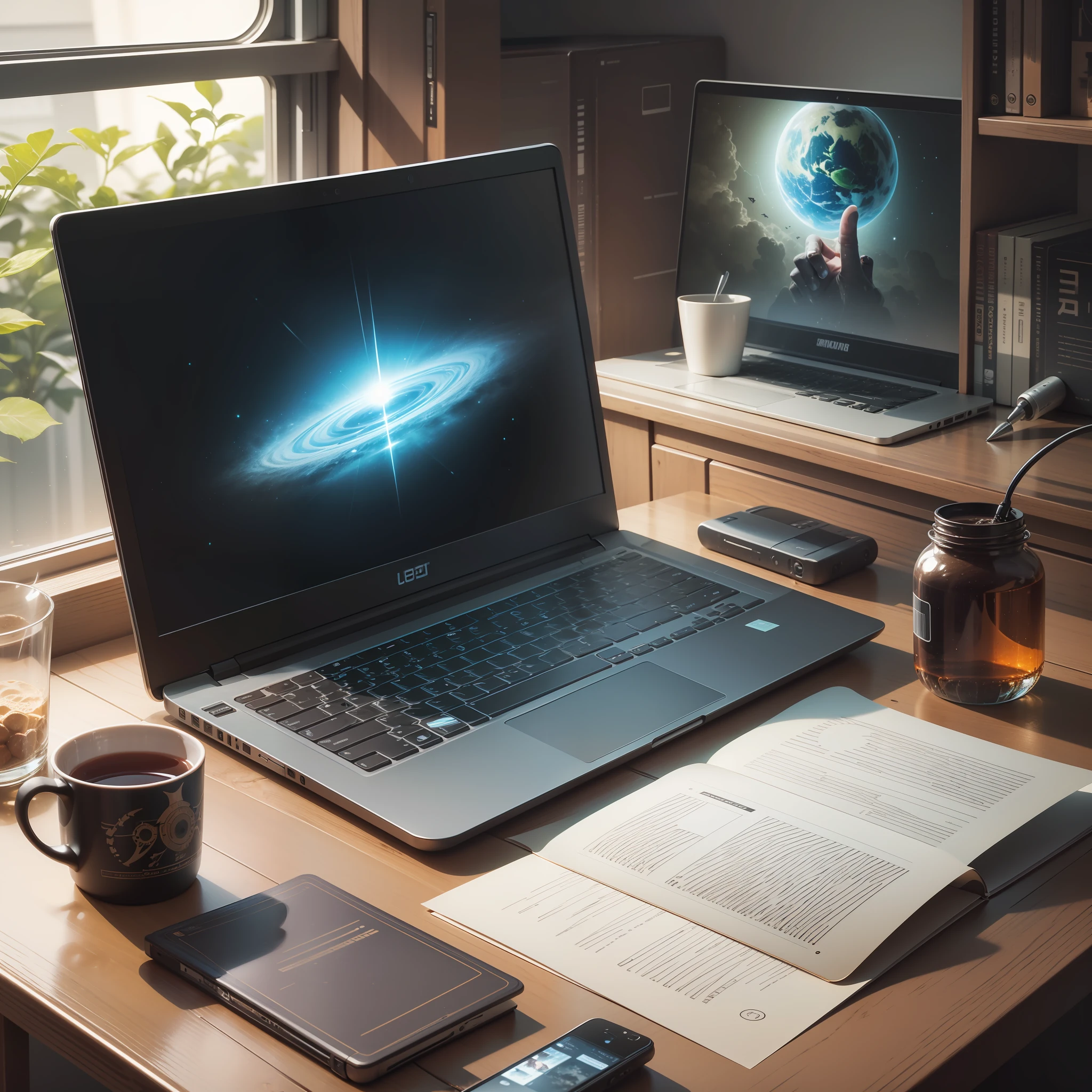 Photograph, sci-fi, laptop computer on desk, hand coming out of screen from inside computer
