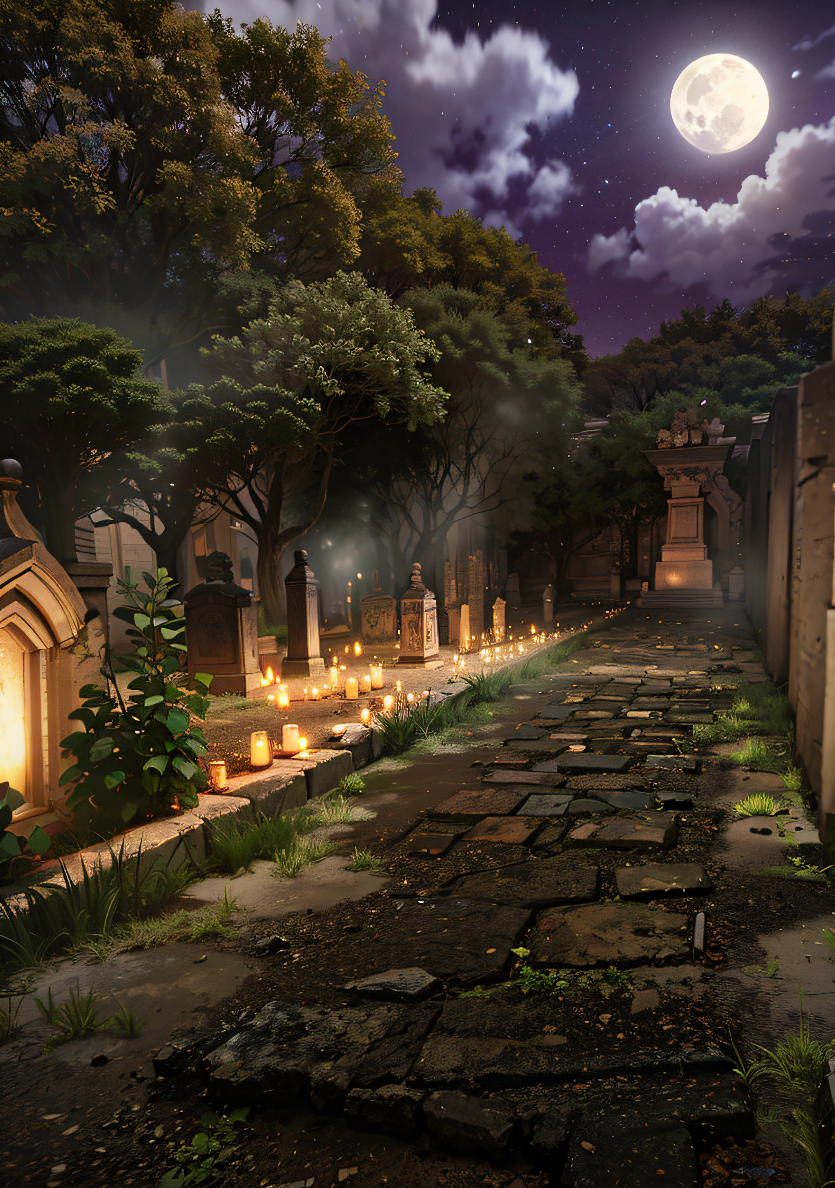 masterpiece, best quality, (horror: 1.2), portrait of a beautiful woman in leather cover, holding a single candle in his hand, looking nervously around, (barely visible ghosts flying around: 1.2), Night cemetery, matching eyes, art by greg rutkowski (Digital Art:1.3) by (Rough sketch:1.1) A cemetery with a full moon in the background, candlelit, Dark but sparkling atmosphere, trees in the background with several headstones below them, a path of patterns with a wall next to it, fantasy atmospheric lighting, atmospheric fantasy setting, calm night. digital illustration, graveyard, quiet and serene atmosphere (UI interface frame design), (natural elements), (jungle theme), (square), (leaves), (branches), (fireflies), butterflies, (delicate leaves), (brightness), (particle effects, light recorded in intricate detail, (light particle: 1.2), (game concept: 1.3), (depth of field: 1.3), global illumination, highly detailed, trend in ArtStation.