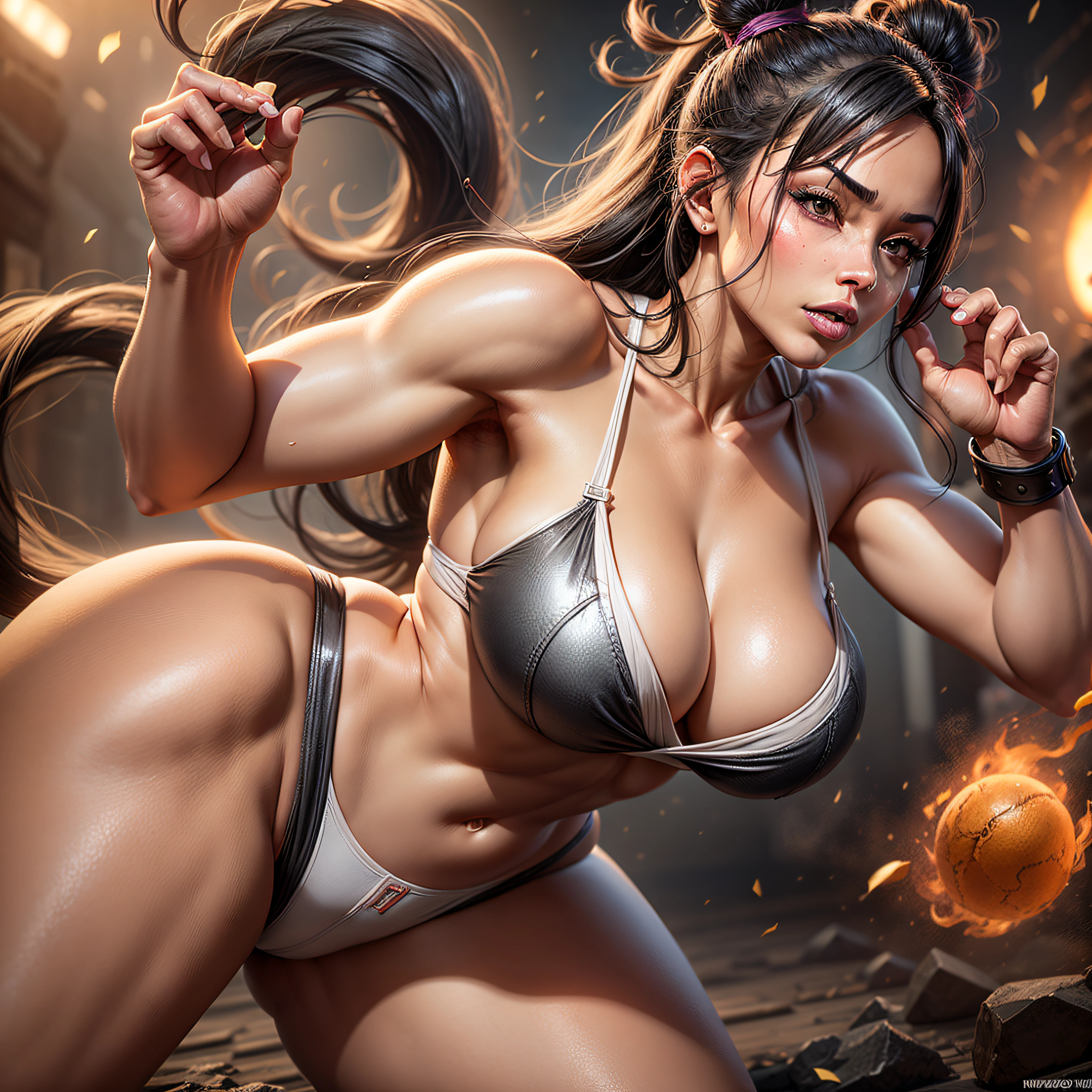 A black American woman with fabulous curves, with naturally formed and secure breasts, for a more voluptuous and attractive bust, thick thighs, performing a ryu shouryuken from street fighter 2, 3d render in 8k, best quality, masterpiece, nikon, realistic light and shadows, 8k, ray tracing, NVIDIA, unreal engine 5