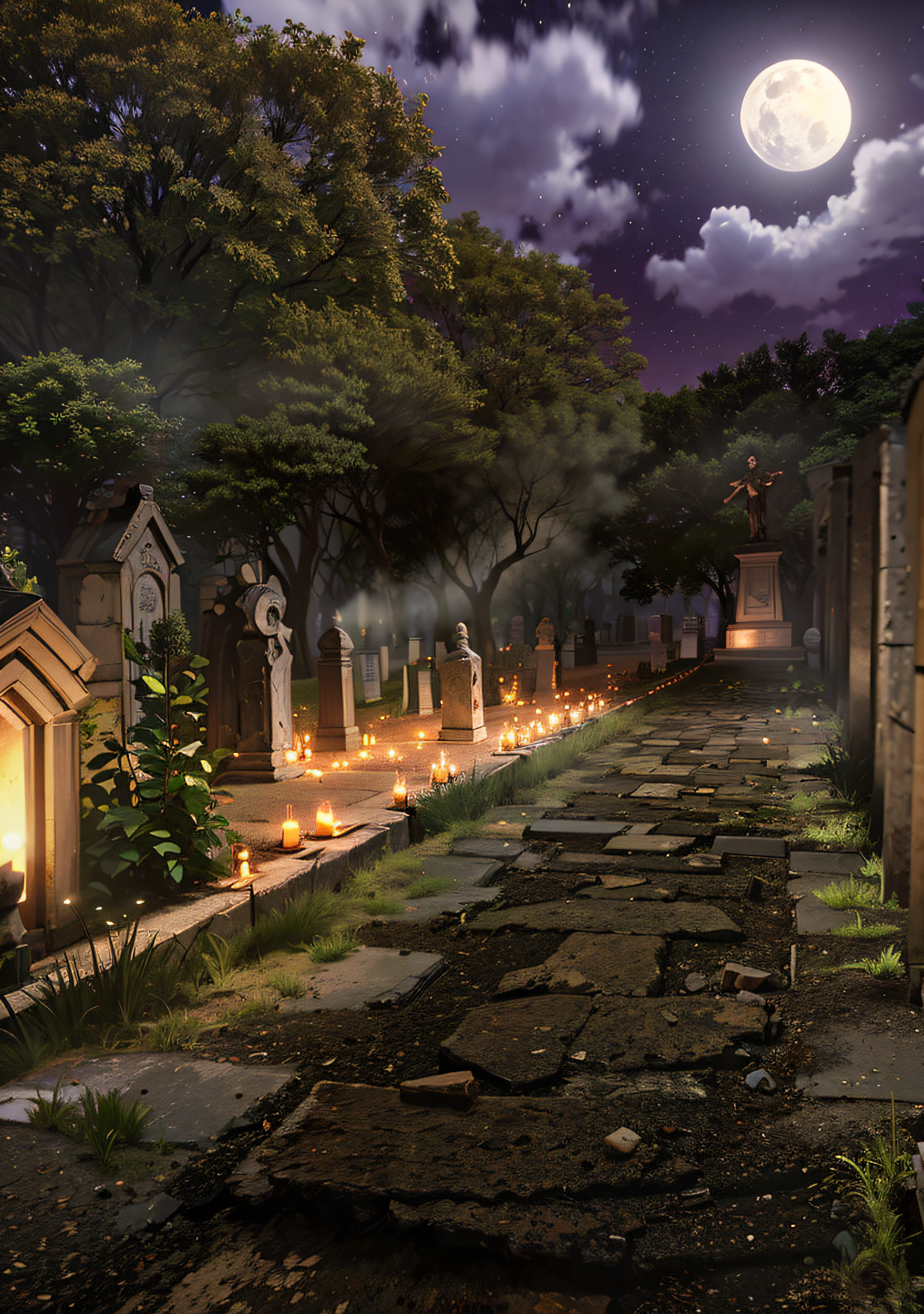 masterpiece, best quality, (horror: 1.2), portrait of a beautiful woman in leather cover, holding a single candle in his hand, looking nervously around, (barely visible ghosts flying around: 1.2), Night cemetery, matching eyes, art by greg rutkowski (Digital Art:1.3) by (Rough sketch:1.1) A cemetery with a full moon in the background, candlelit,  Dark but sparkling atmosphere, trees in the background with several headstones below them, a path of patterns with a wall next to it, fantasy atmospheric lighting, atmospheric fantasy setting, calm night. digital illustration, graveyard, quiet and serene atmosphere (UI interface frame design), (natural elements), (jungle theme), (square), (leaves), (branches), (fireflies), butterflies, (delicate leaves), (brightness), (particle effects, light recorded in intricate detail, (light particle: 1.2), (game concept: 1.3), (depth of field: 1.3), global illumination, highly detailed, trend in ArtStation.