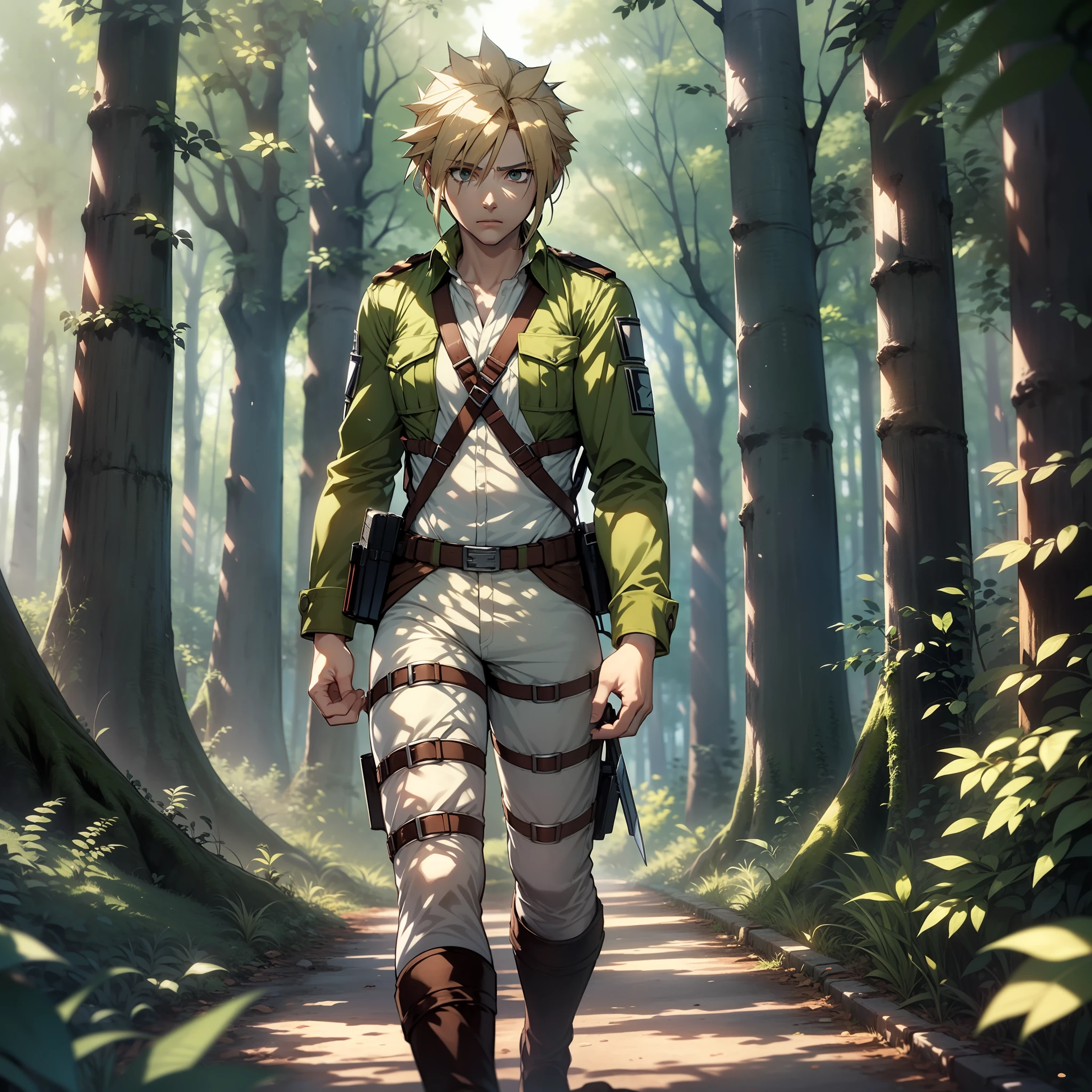 ((Cloud Strife:1.1), (wearing Survey Corps from Shingeki:1.2 uniform), in a forest, nervous expression, 4K, masterpiece)