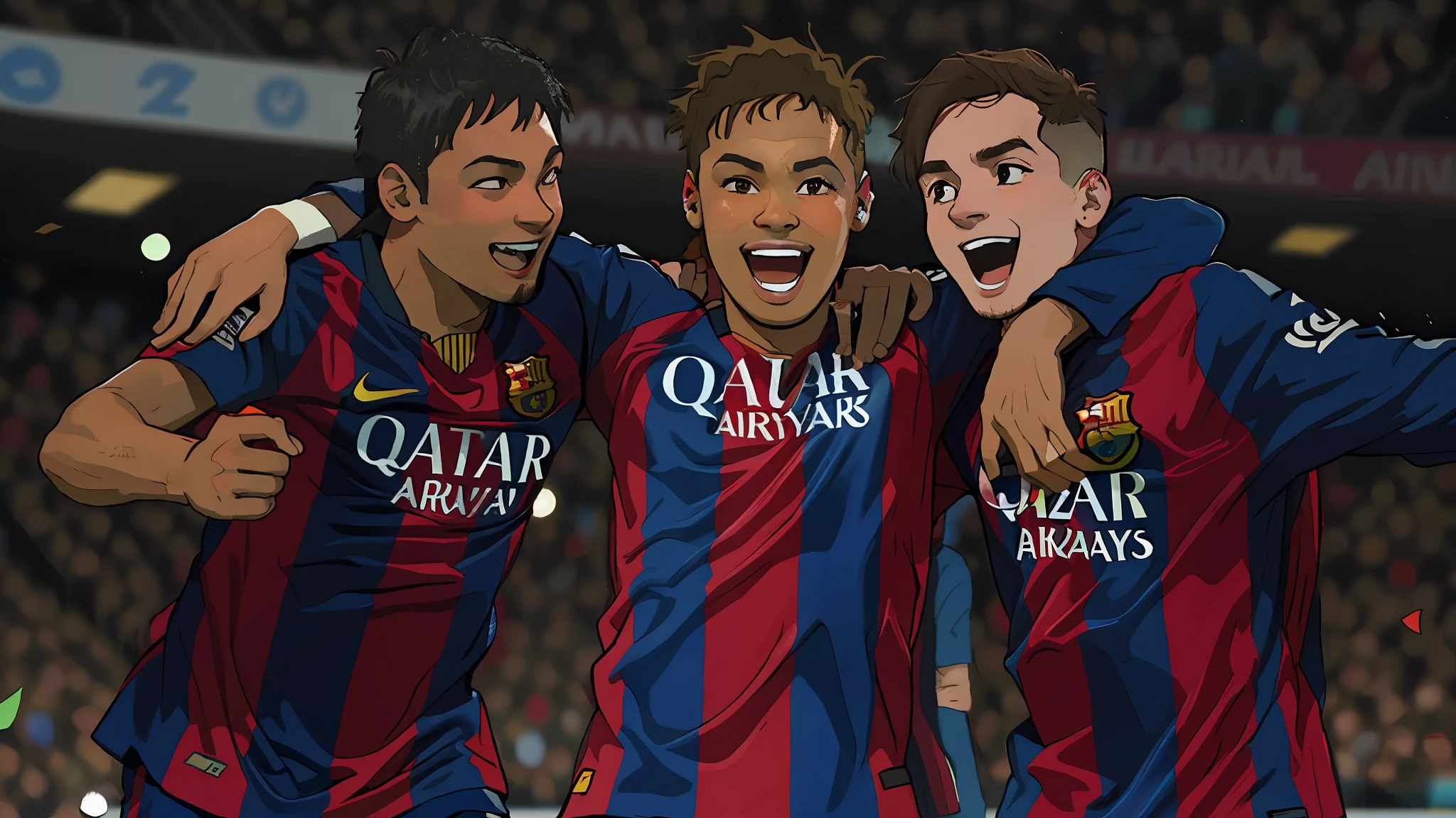 three soccer players are celebrating a goal in a stadium, the best of all time, neymar jr, fc barcelona, neymar, very happy!, trinity, , very excited, messi, very happy, barcelona, by Alexander Fedosav,Luiz Soares,Luiz Soares very happy, center, lionel messi, expressing joy, photo credit: AP, 😃😀😄☺🙃😉😗 image in the center