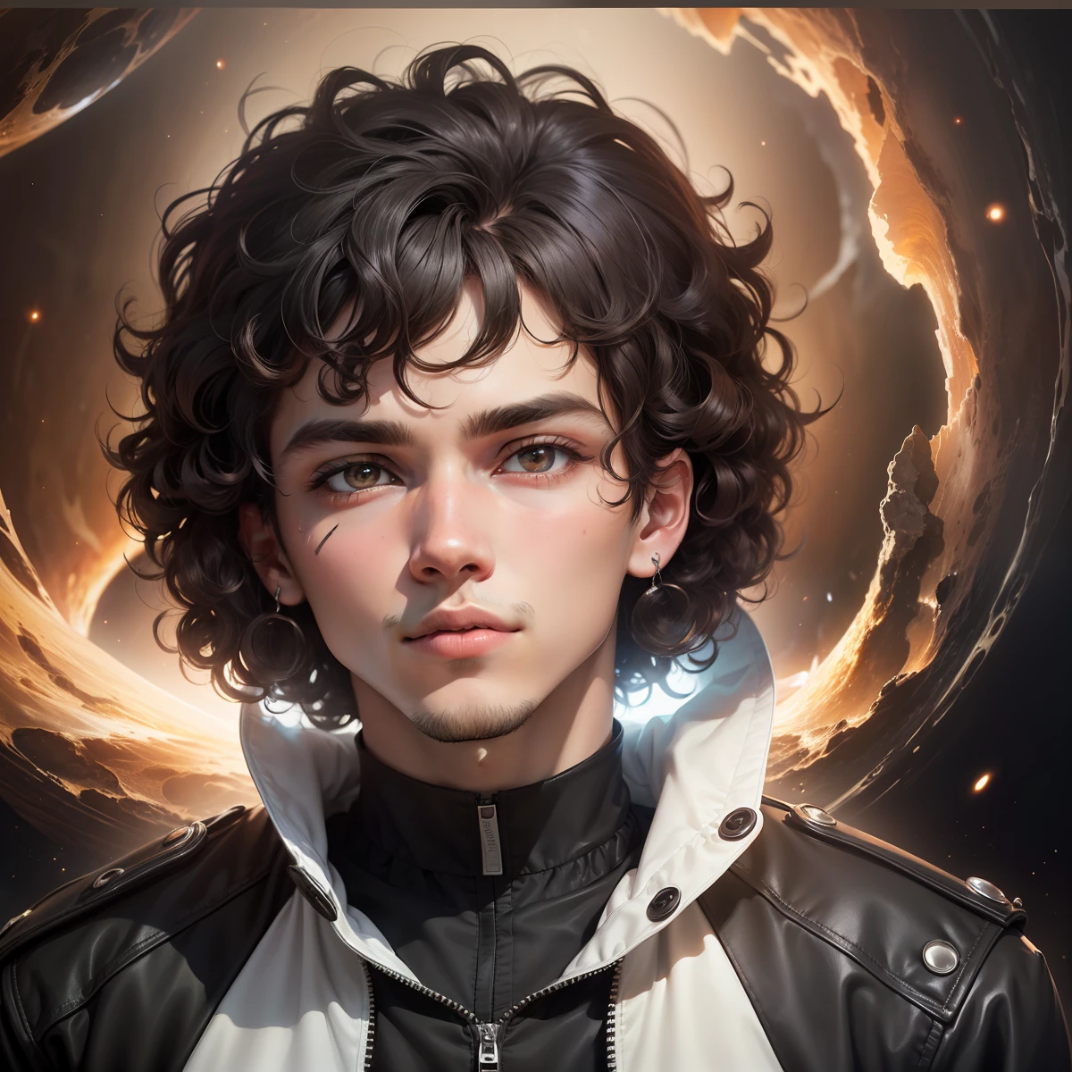 Young man of 17 years, 2 meters tall, curly hair of black color, in his eyes the image of a black hole is reflected, beautiful, face without imperfections, brown eyes, looking at a black hole, 8K HD, (masterpiece)