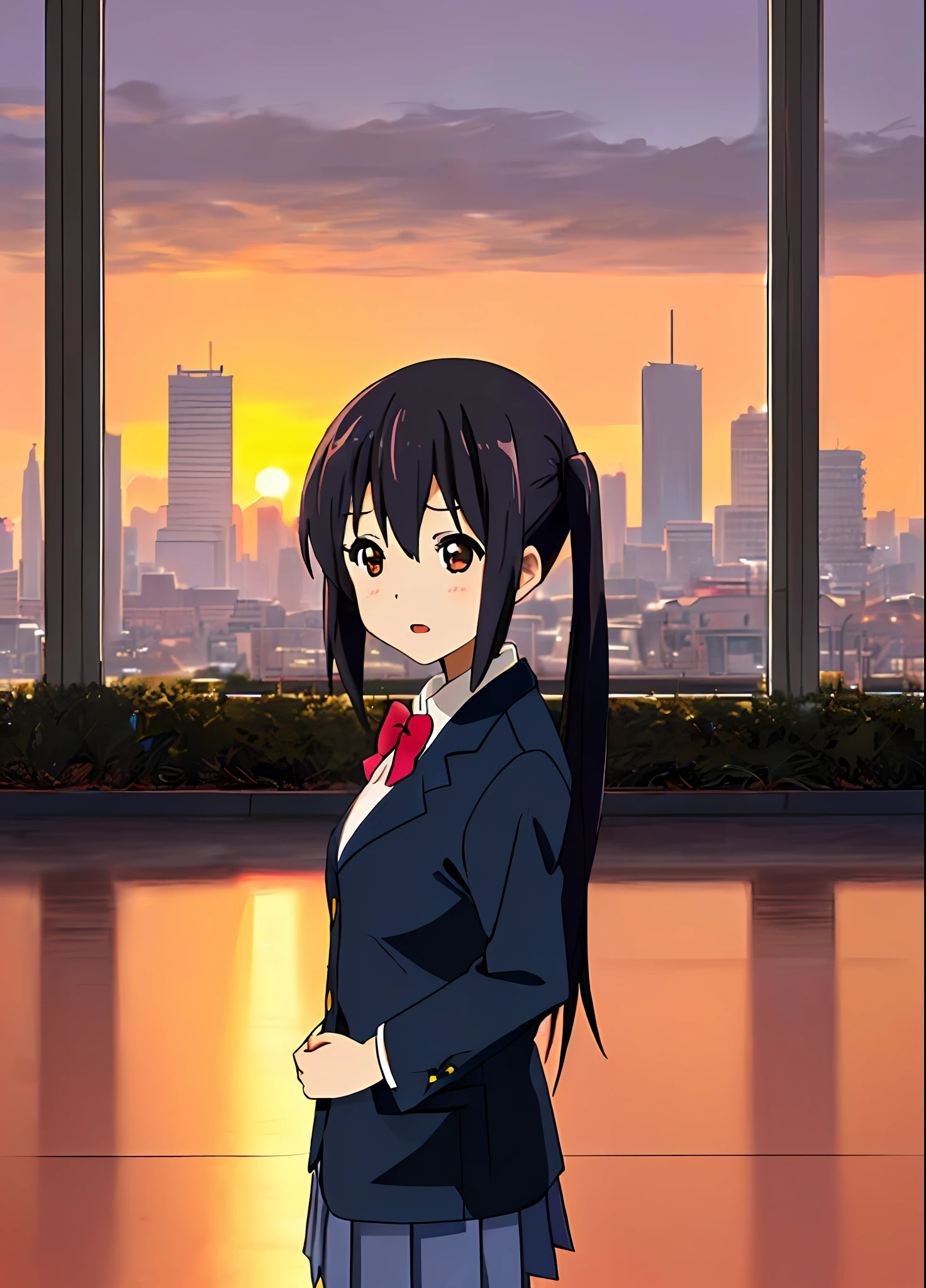 1girl, ((((Masterpiece))), Best Quality, Best Quality, High Detail, Azusa Nakano, 1girl, Sakuragaoka High School Uniform, Musical Instrument, School Uniform, Twin Tails, Long Hair, Black Hair, Brown Eyes, Solo, Red, Dark blue blazer with a thin ribbon of red, Solid white button shirt under blazer, Illustration, Cartoon, Soothing tones, Muted colors, Soft cinematic light, Adobe Lightroom, Photo Lab, HDR, complex and highly detailed, (((depth of field))))). (((Masterpiece))). (((highest quality))).) ((super detail))). (((Illustration))). (((waiting for a hug))).,(((Gigantic))).dynamic focus. (((skyscrapers))). (((Cityscape))). (((Despair Face))). open mouth. (((Sunset))). (((Sunset))). (((clench fists))). (((Proud))). (((small breasts))).