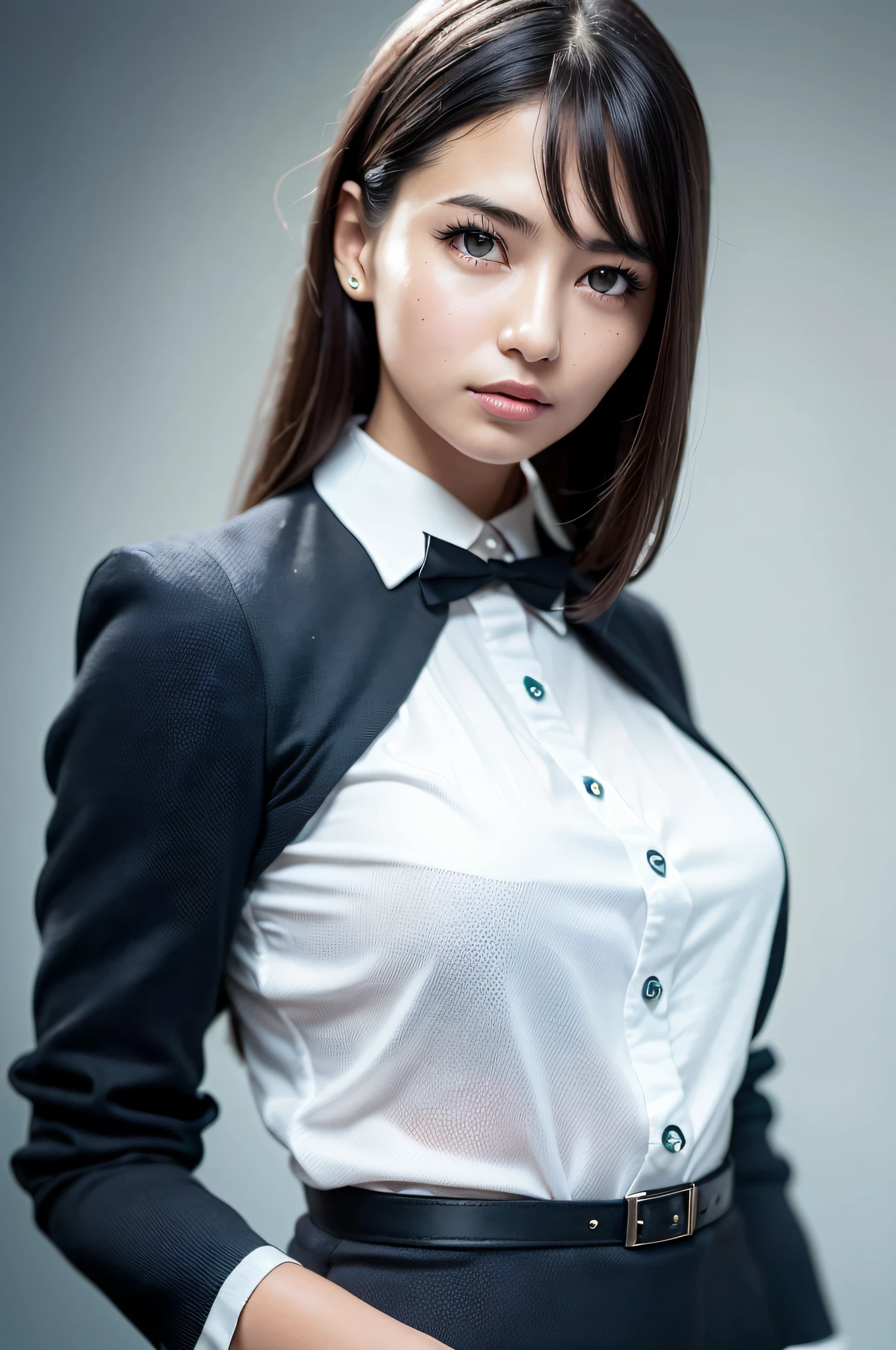 1 girl, beautiful vintage color, Instagram (photorealistic, high resolution: 1.4), staring viewer ((puffy eyes)), full body (8k, RAW photo, highest quality, masterpiece: 1.2), (realistic, photorealistic): 1.37), (sharp focus: 1.2), professional lighting, photon mapping, Radiosity, Physically Based Rendering, (White Skin: 1.2), (Big: 1.2), Viewer Gaze, (Middle Hair: 1.5), Portrait, Purple Eyes, (Silver Hair: 1.1), Bangs, (Simple Background: 1.4), Solo, Upper Body, Real, (Masterpiece: 1.4), (Best Quality: 1.4), (Glossy Skin), Fashion Girl, Makeup, Smile (Skinny, Mouth Closed, Shy: 1.3) , (Standing, Black Stewardess Uniform, Necromancer: 1.1), Big Bust, Sexy Pose,