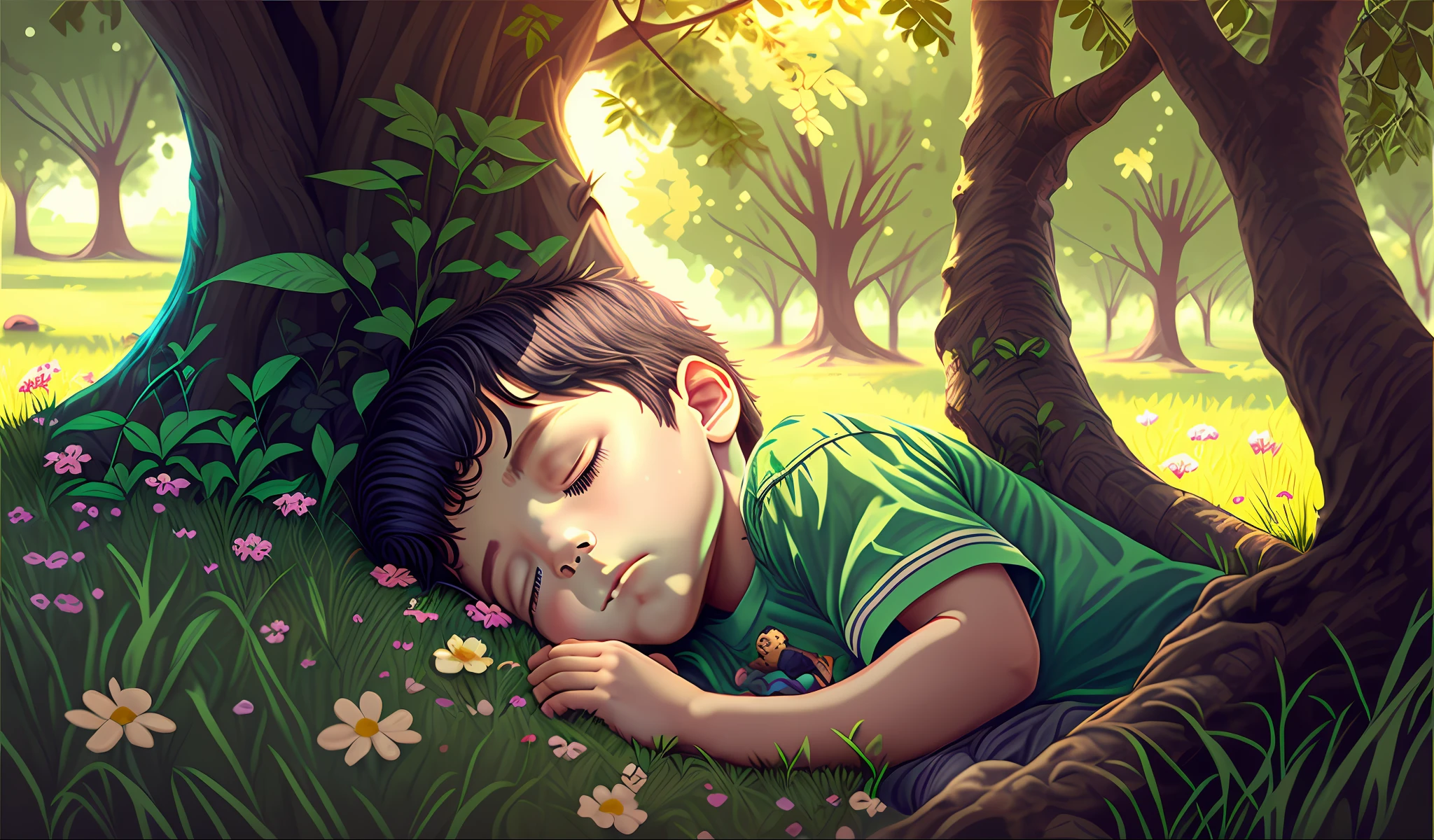 A little boy sleeping in the grass under the shade of a tree --auto