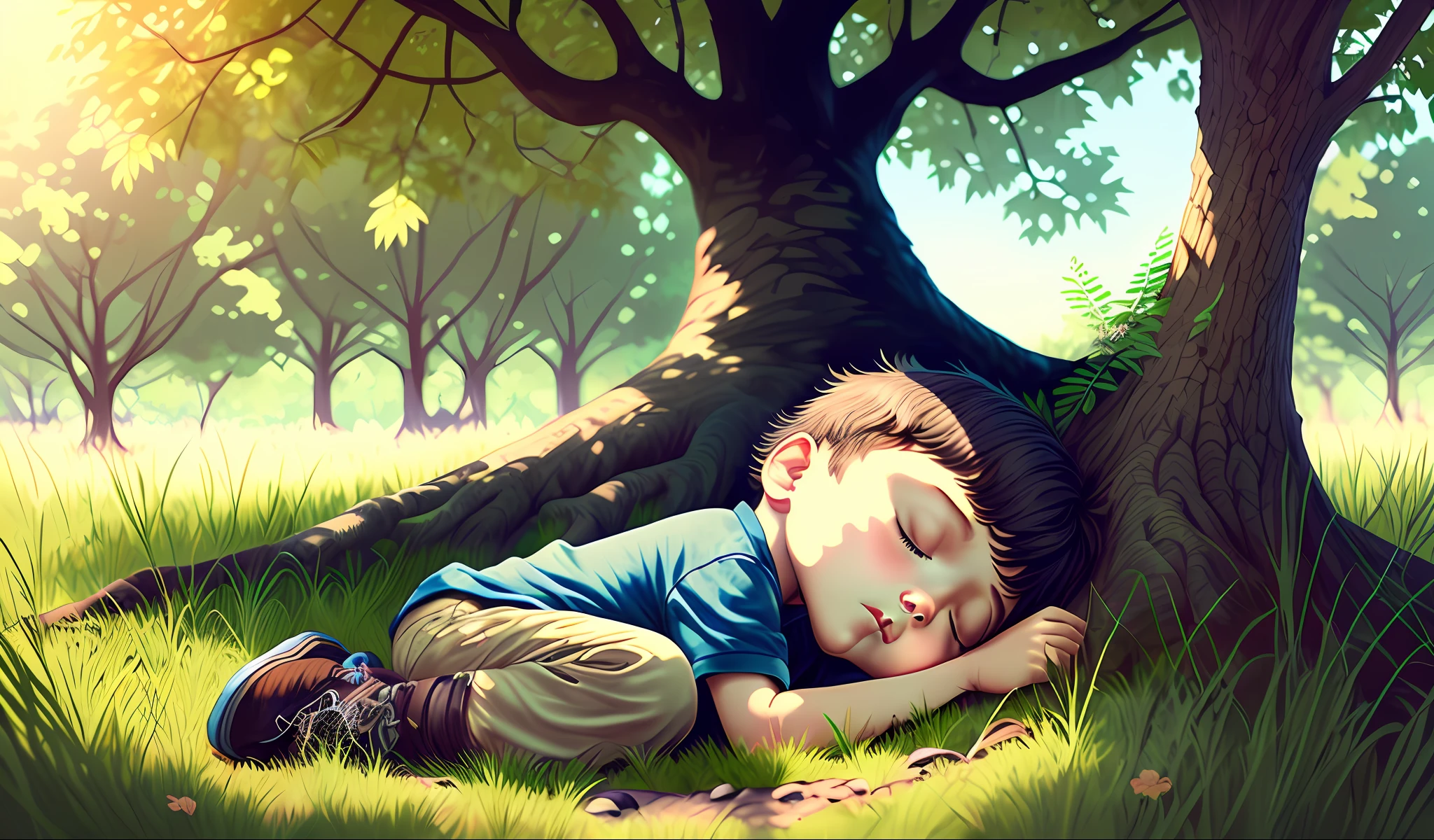 A boy sleeping in the grass under the shade of a tree --auto