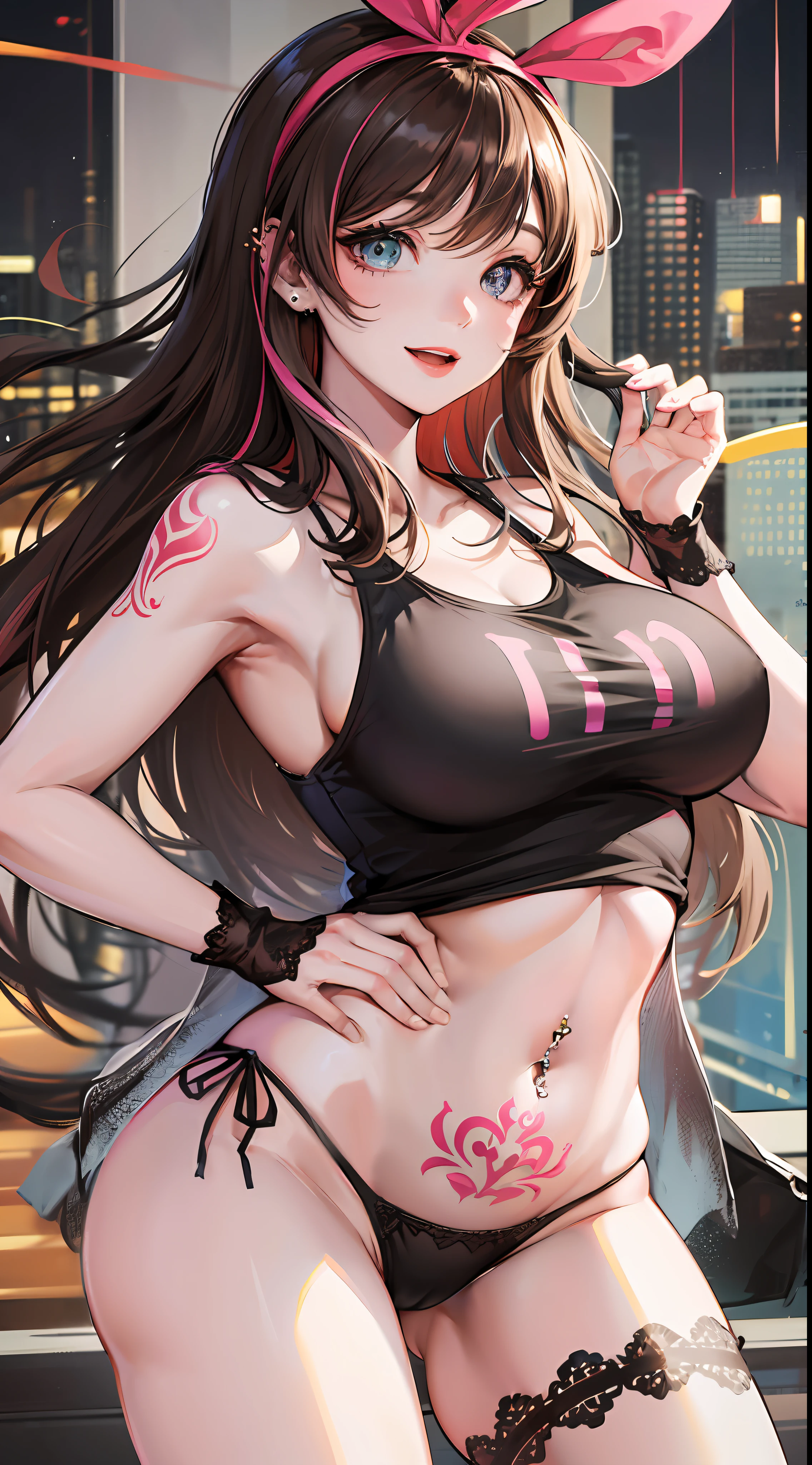 masterpiece, best quality, highres, 1girl, kizuna ai, large breasts ,long hair, brown hair, multicolored hair, floating hair, pink hairband, pink highlights, streaked hair, smiling, navel piercing, tattoo on stomach, navel, black tank top, black panties, thighs, thong panties,