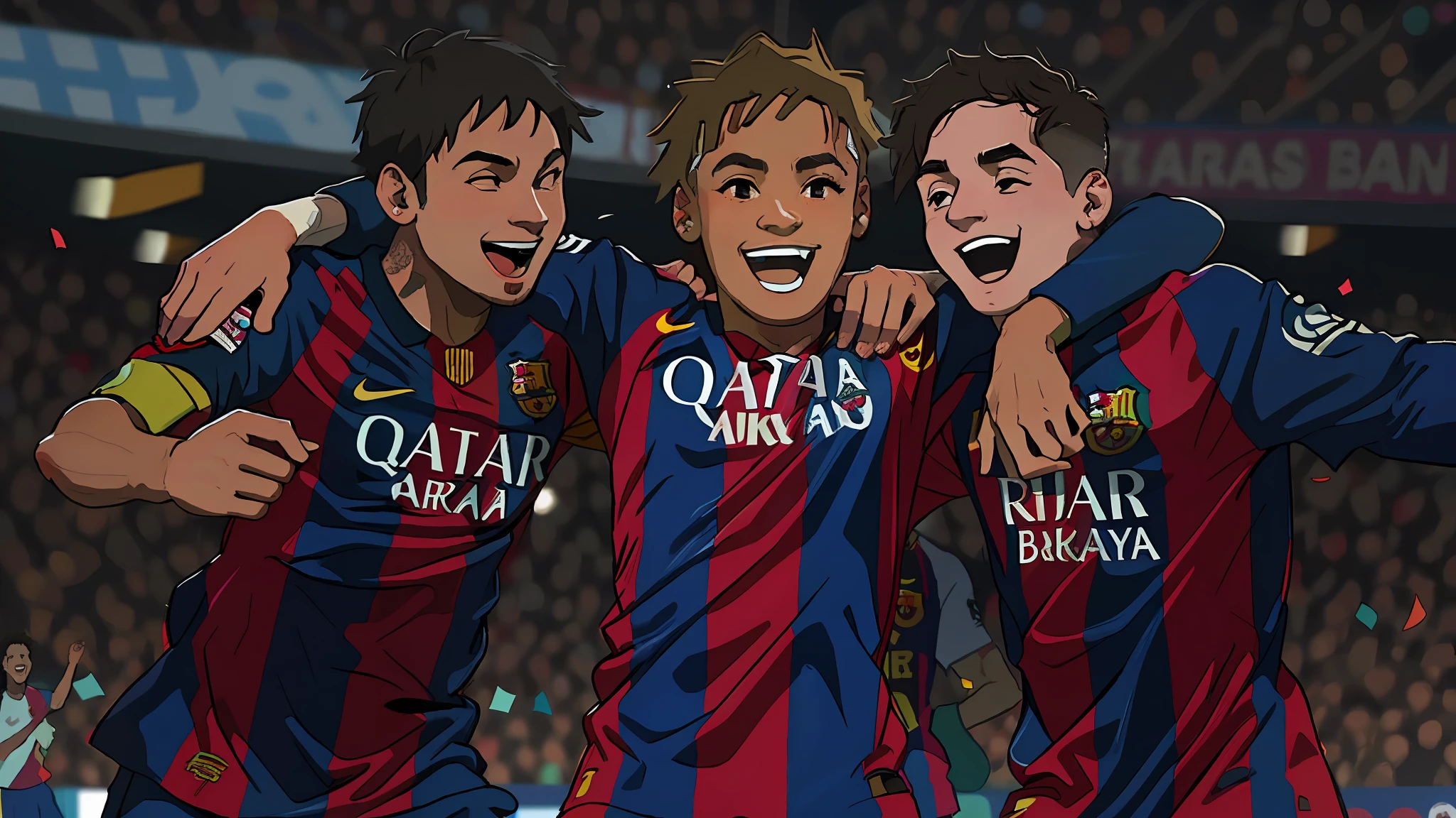 three soccer players are celebrating a goal in a stadium, the best ever, neymar jr, fc barcelona, neymar, very very happy!, trinity, 😃😀😄☺🙃😉😗, very excited, messi, very very happy, barcelona, by Alexander Fedosav, very happy, center, lionel messi, expressing joy, photograph credit: ap, image in center