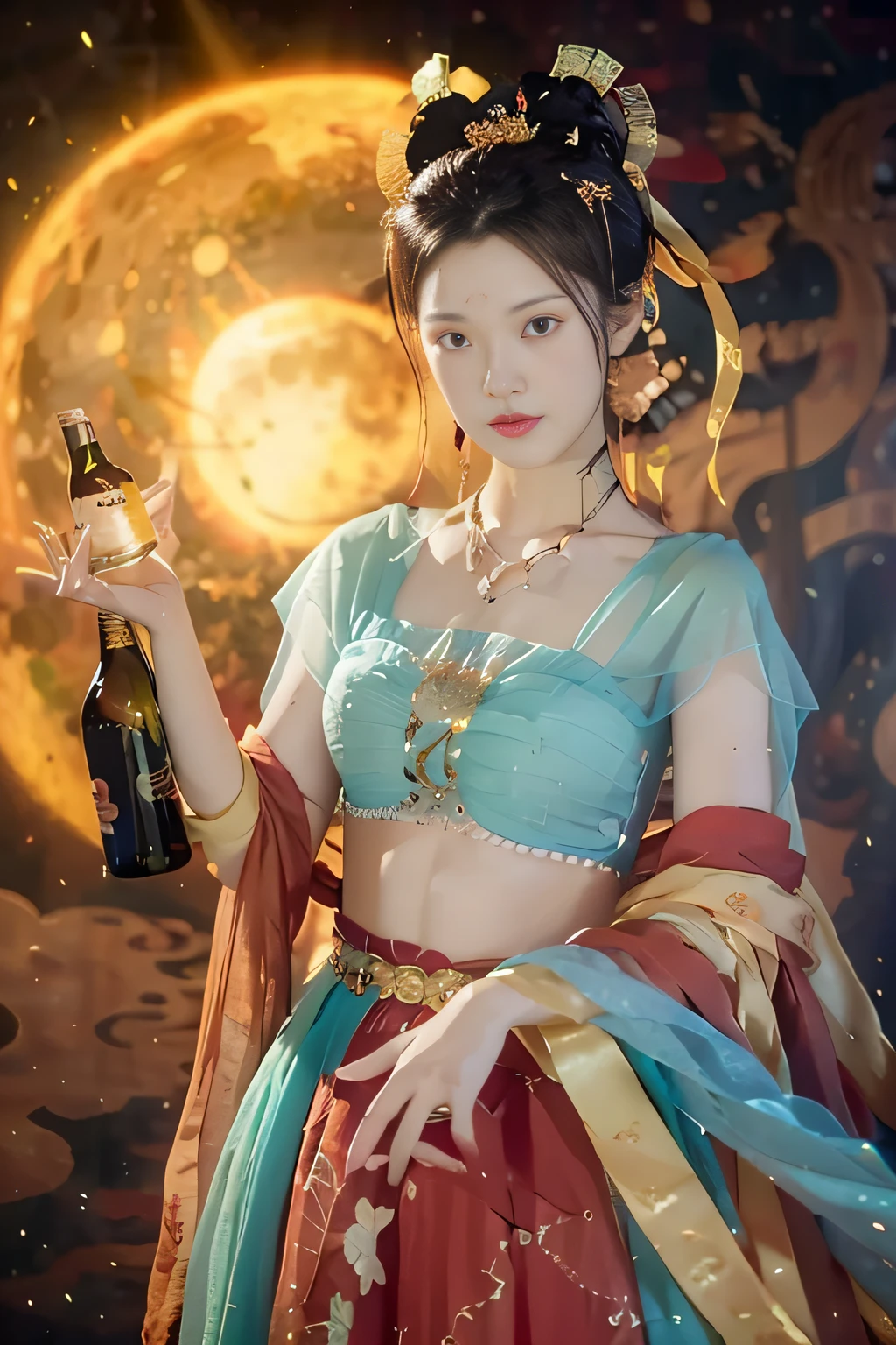 (8k, RAW photo, best quality, masterpiece: 1.2), (realistic, photorealistic: 1.4), (extremely detailed CG unity 8k wallpaper), 1 girl solo, dance, dunhuang_dress, dunhuang_style, a huge moon background, Dunhuang, Flying above the moon, Holding a perfectly proportioned red wine bottle in his hand, with perfect hands and delicate fingers,