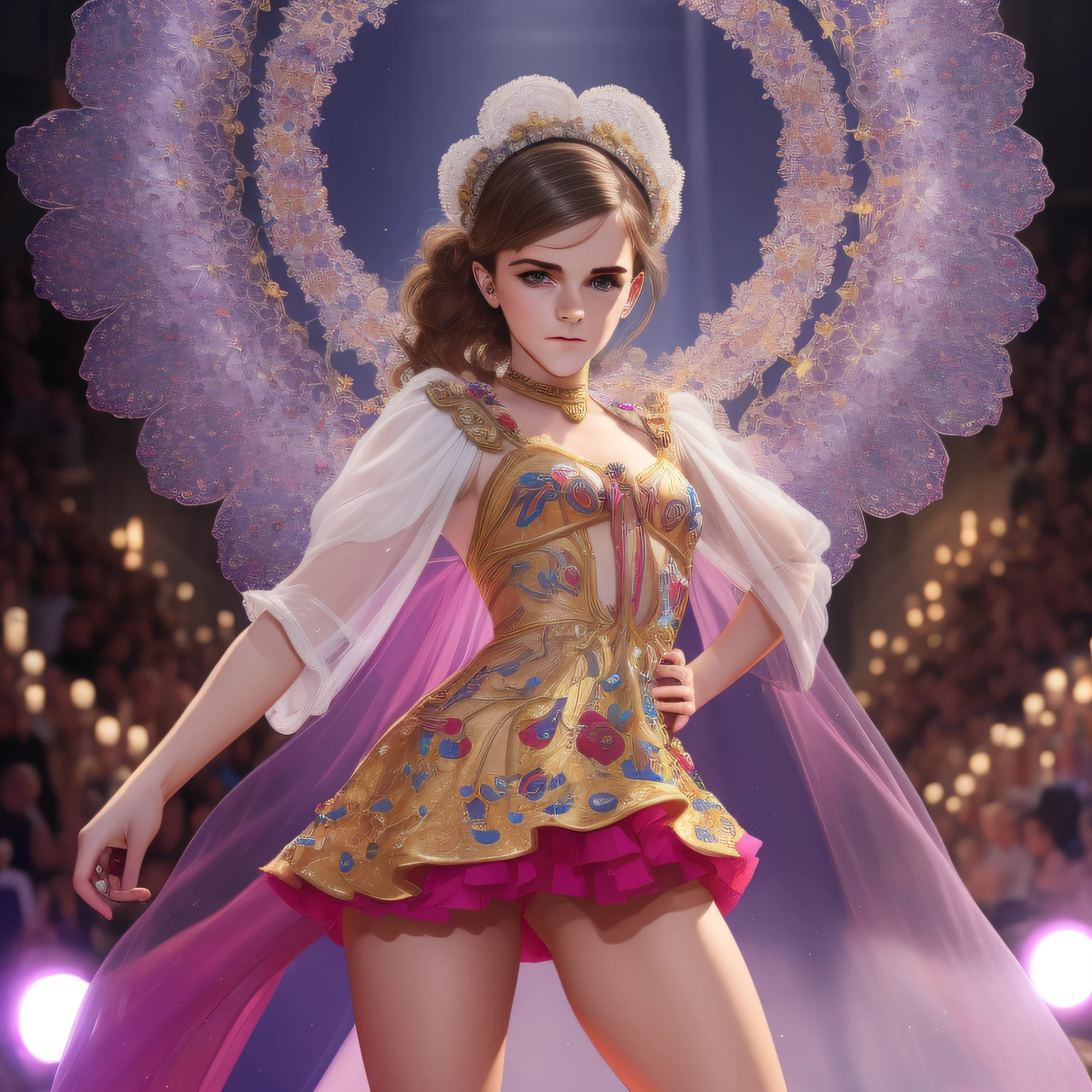 realitic,young Emma Watson,focus on face,fashion show,solo performance,full body photo