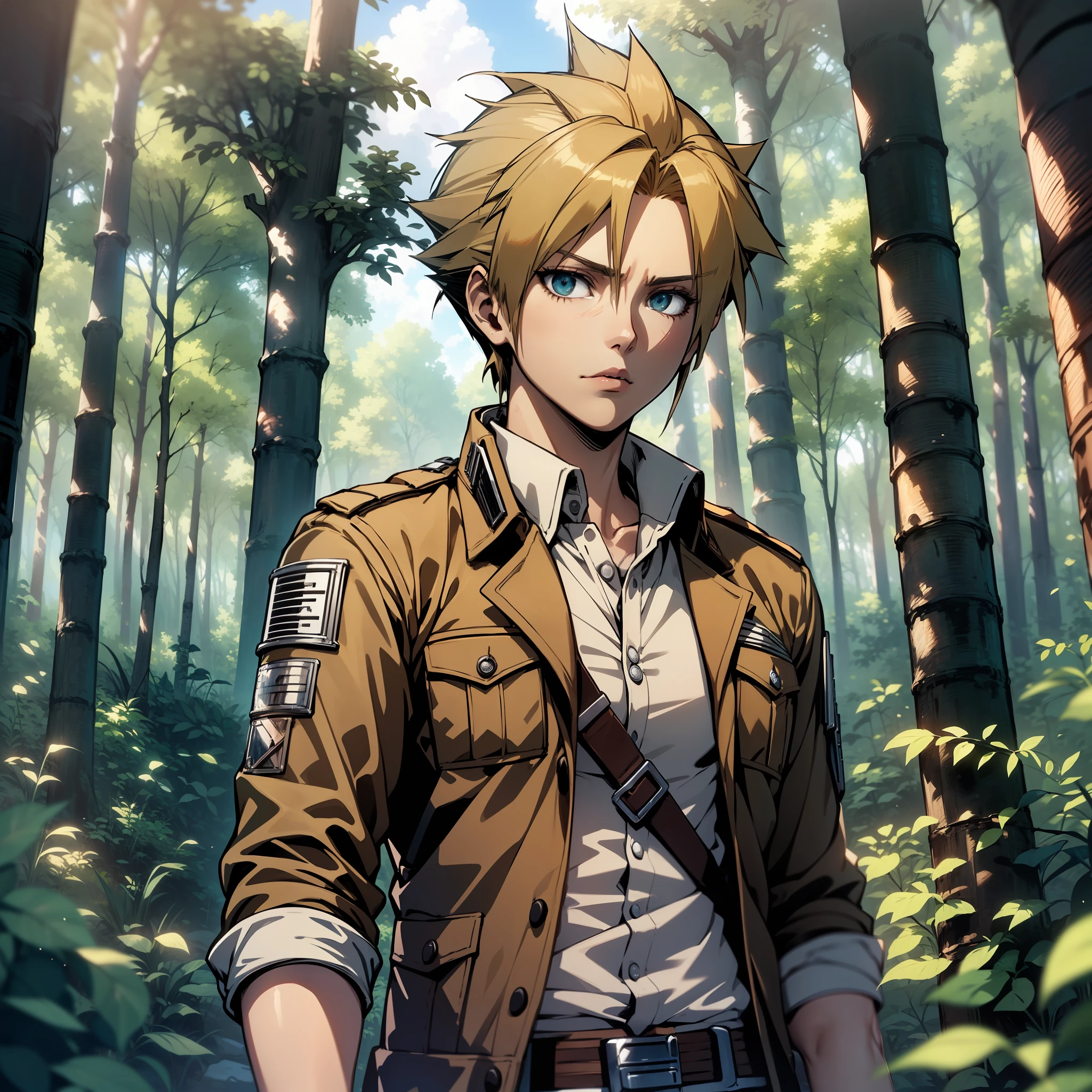 ((Cloud Strife:1.1), (using Brown Uniform Survey Corps from Shingeki:1.2), Brown Jacket, In a Forest, Nervous Expression, 4K, Masterpiece)