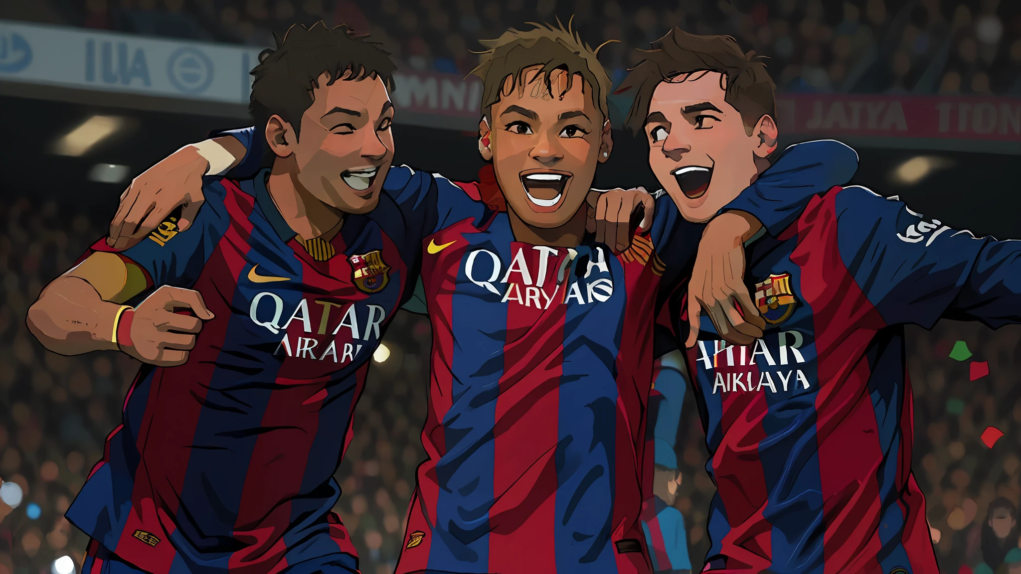 three soccer players are celebrating a goal in a stadium, the best ever, neymar jr, fc barcelona, neymar, very very happy!, trinity, 😃😀😄☺🙃😉😗, very excited, messi, very very happy, barcelona, by Alexander Fedosav, very happy, center, lionel messi, expressing joy, photograph credit: ap, image in center