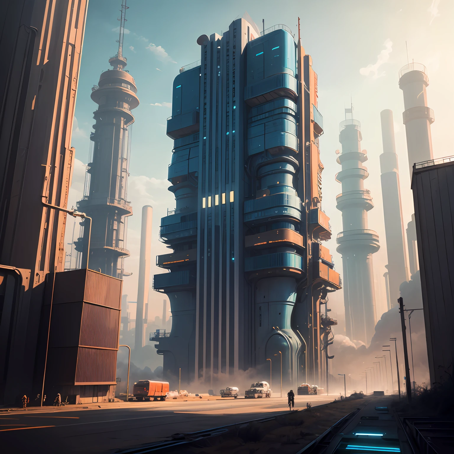 Future city, sci-fi style, blue and orange, factory --auto