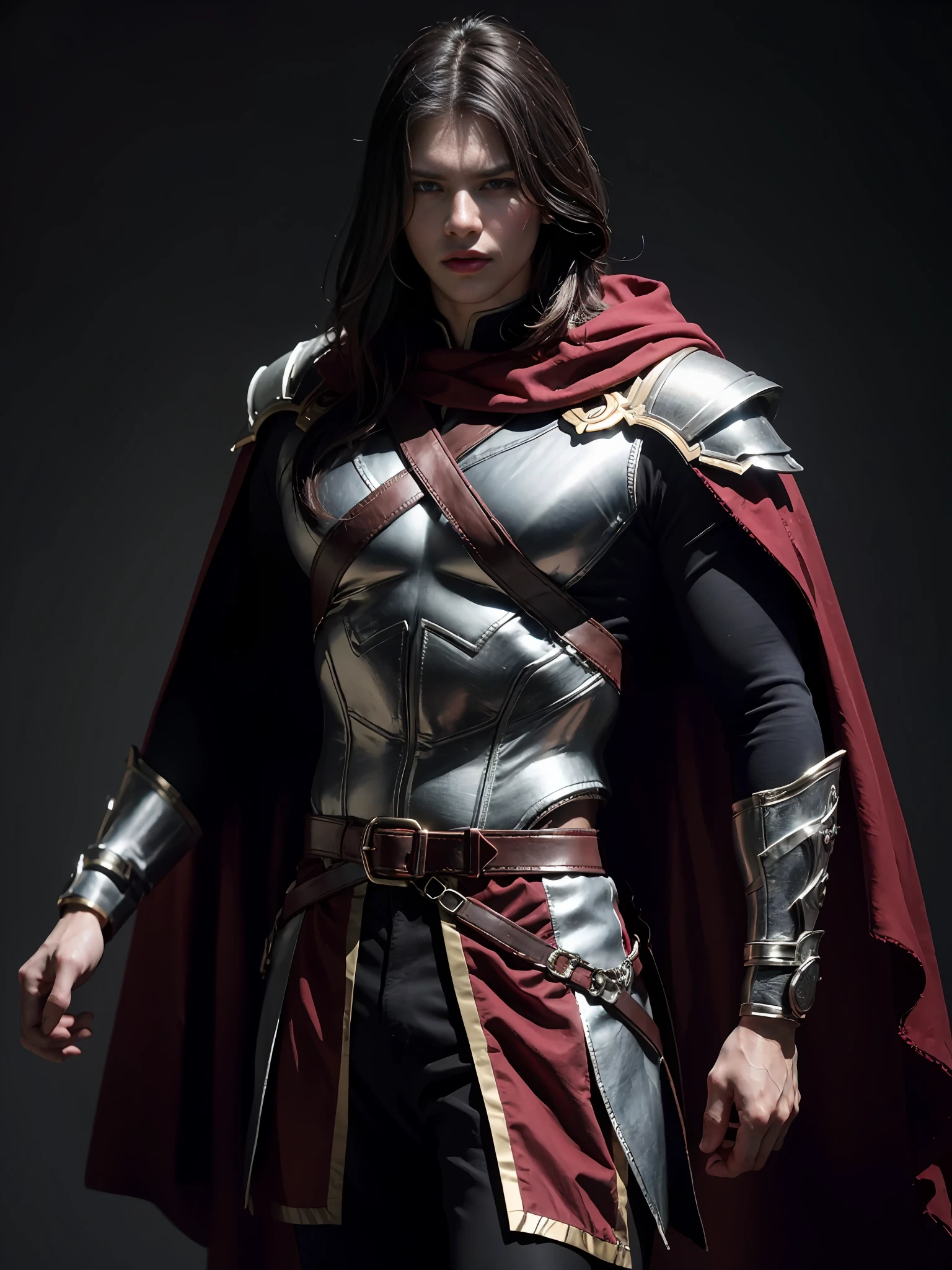 1man, solo, spartan male warrior with helmet and red cape, long black hair, angry, extremely handsome young man, silver hour, photorealistic, high contrast, 8k HD, detailed, hyper-detailed, realistic skin texture, blonde hair, huge chest, neckline, best quality, ultra high res, raw photo, dramatic lighting, unreal engine, intricate diffuse glow and silver tab, black cape, battlefield, Standing