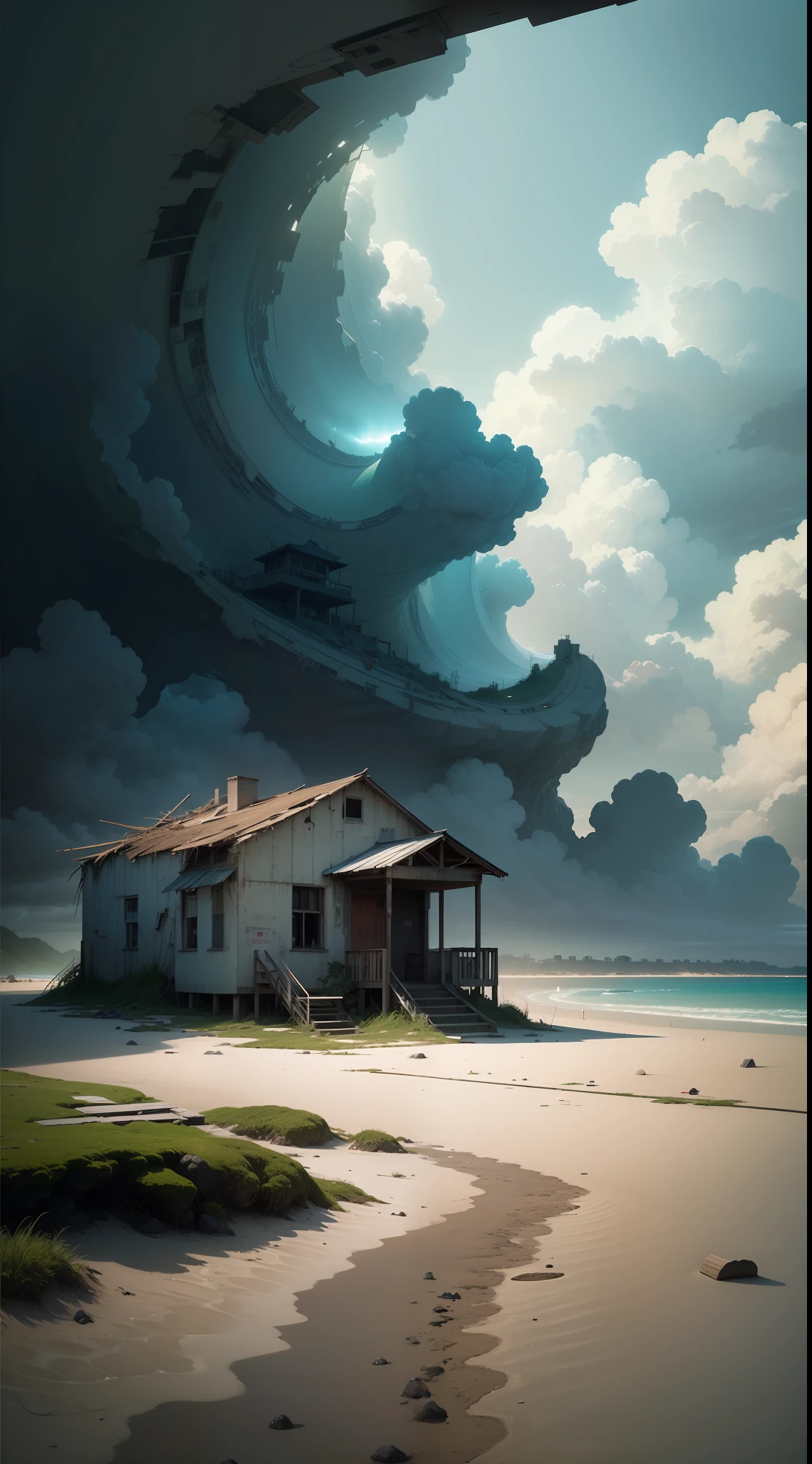 ((best quality)), ((masterpiece)), ((realistic)), Abandoned paradise beach with remnants of tents and beach chairs. The sky cloudy in greenish hues with green rays coming out of the clouds. In the ocean in the distance, there is an island with abandoned buildings. The scene is seen in a post-apocalyptic style. The lighting is soft and diffuse, creating a mysterious and captivating environment. The art is inspired by Hokusai's style, with vibrant colors and minute details. The technique used is digital painting, providing a high definition quality. The scene depicted is in perspective of the human eye, providing an immersive experience. The composition is scenographic, creating a memorable work of art.